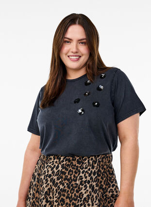 ZizziGewassen T-shirt met bloemvormige pailletten, Grijs, Model image number 0