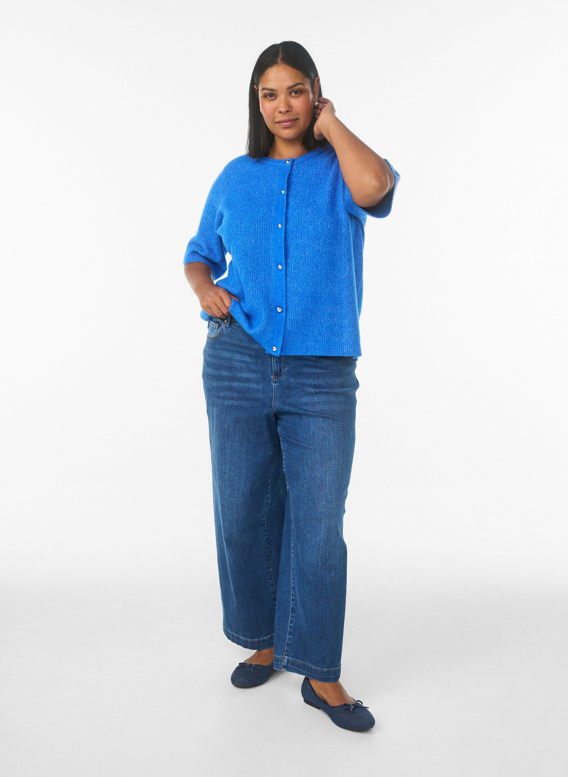 ZizziGebreid vest met korte mouwen en glanzende knoopjes, Blauw, Model image number 1