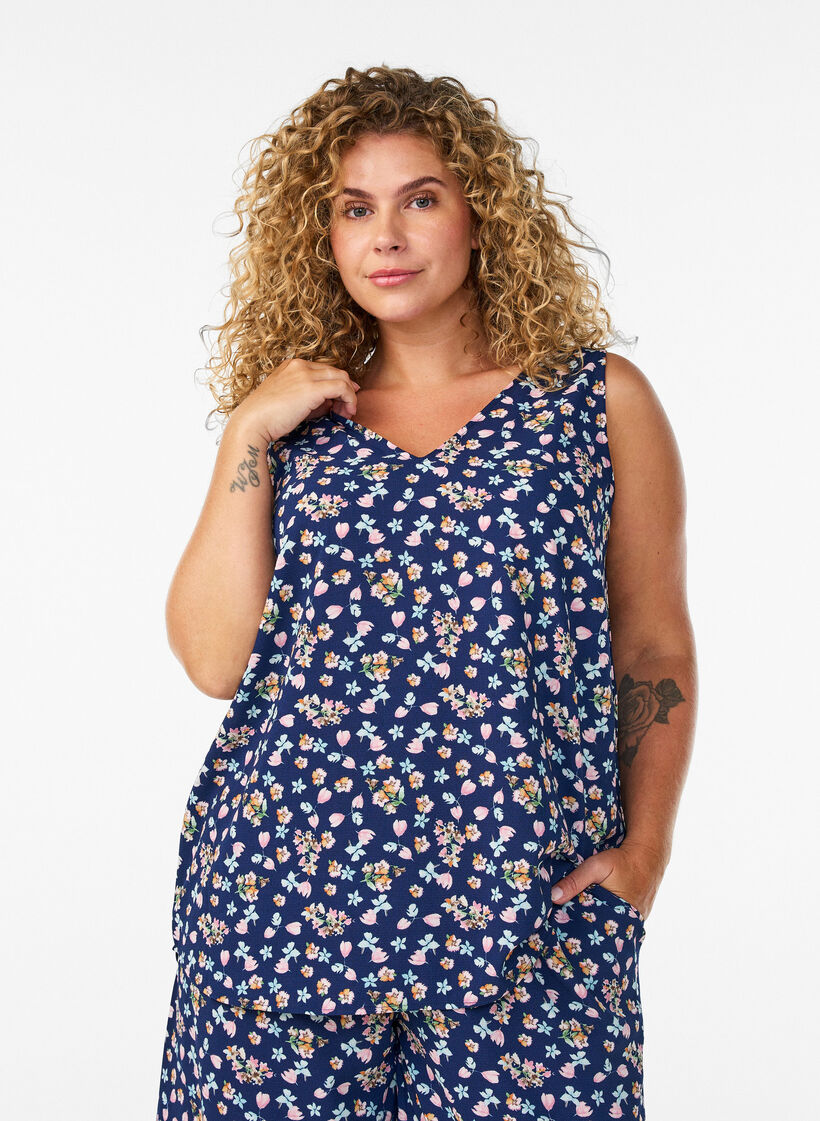 Top met print en V-hals, Blauw, Model image number 0