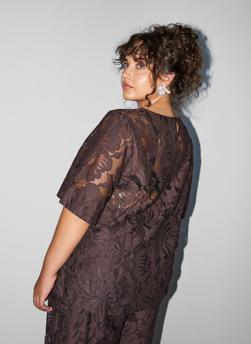 Kanten blouse met korte mouwen, Bruin, Model image number 2