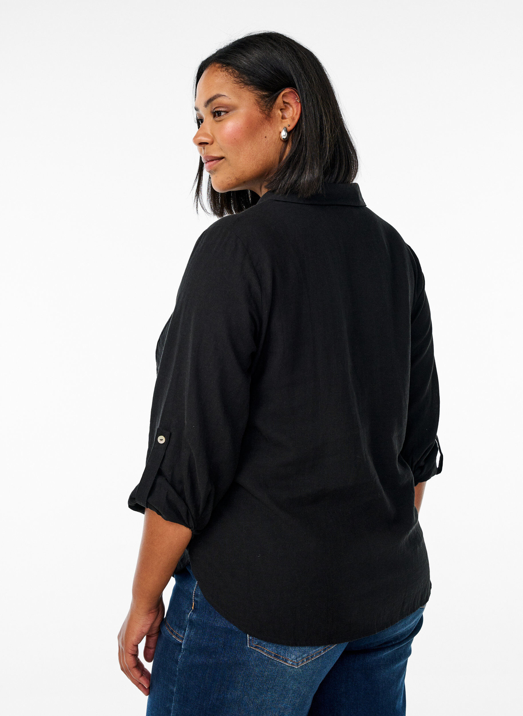 ZizziLinnen en viscose shirt met 3/4 mouwen, Zwart, Model image number 2