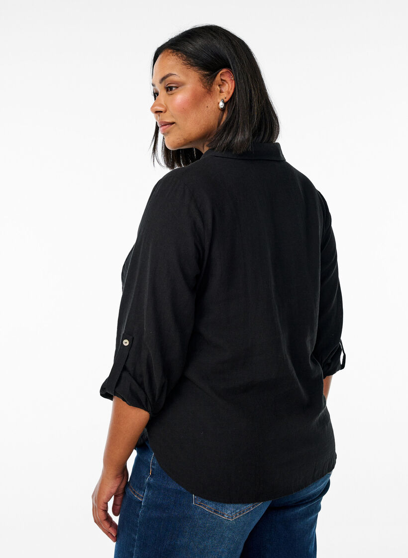 Linnen en viscose shirt met 3/4 mouwen, Zwart, Model image number 2