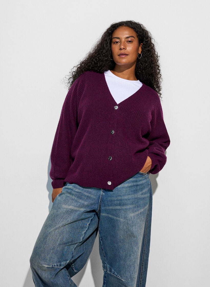 Vest met V-hals en ribstructuur, Paars, Model image number 0