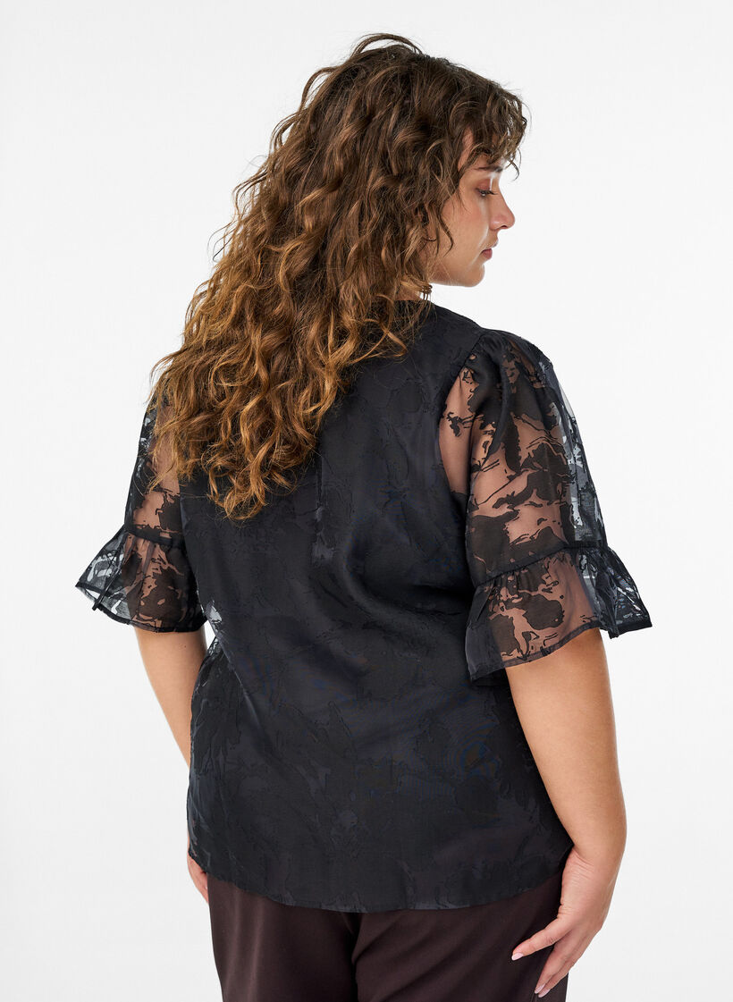 Feestelijke blouse in organza-look met ton-sur-ton patroon, Zwart, Model image number 2