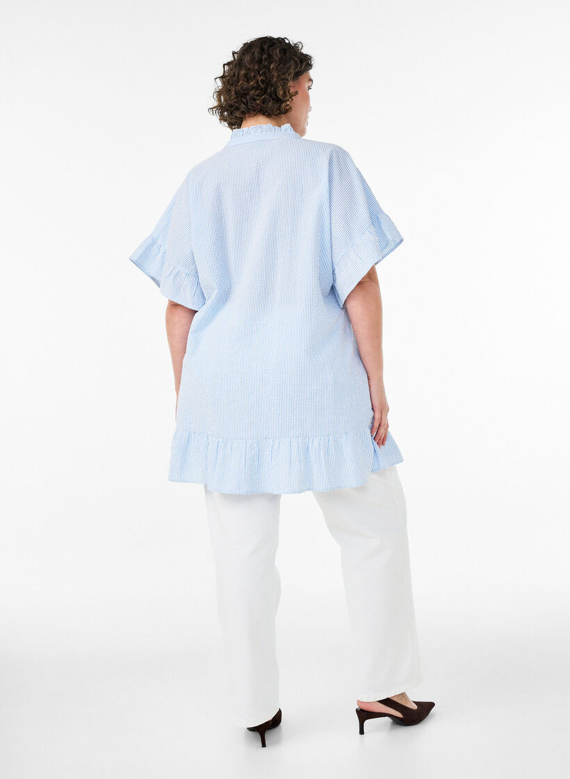 Katoenen tuniek met strepen en ruchesdetails, Blauw, Model image number 2
