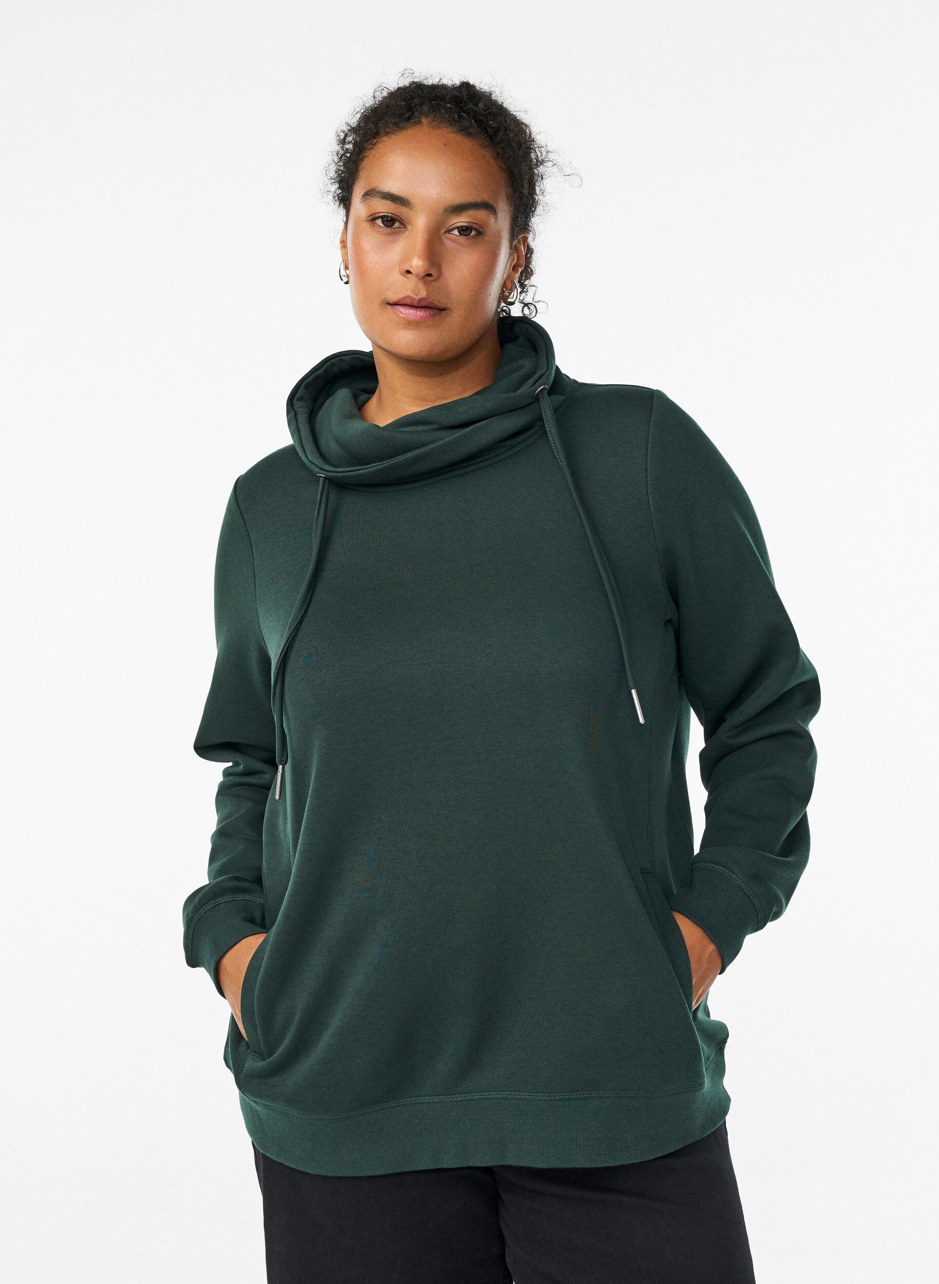 Sweatshirt met hoge kraag en zakken, Groen, Model