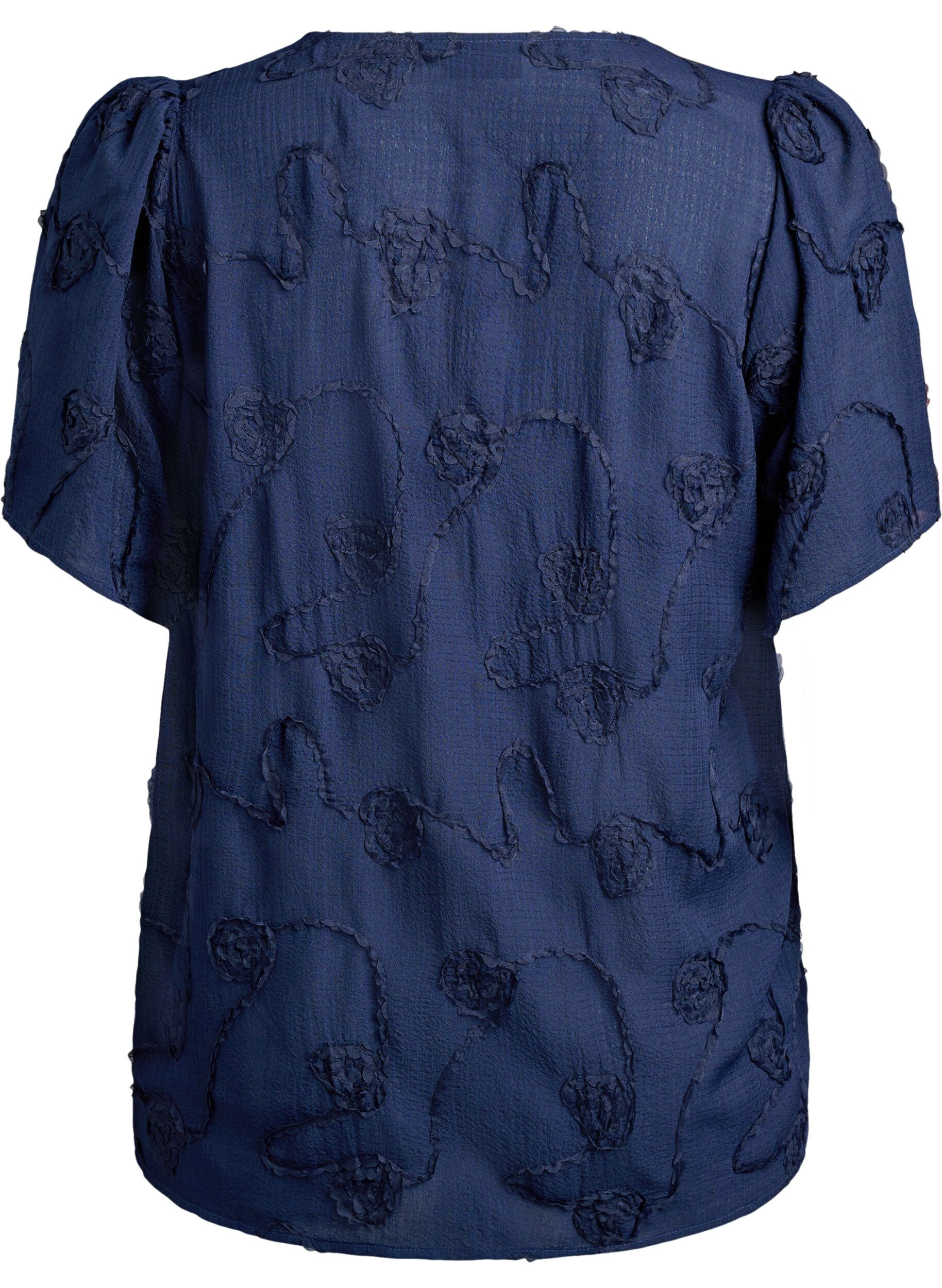 ZizziBlouse met korte mouwen met een 3D-bloemeneffect, Blauw, Packshot image number 1