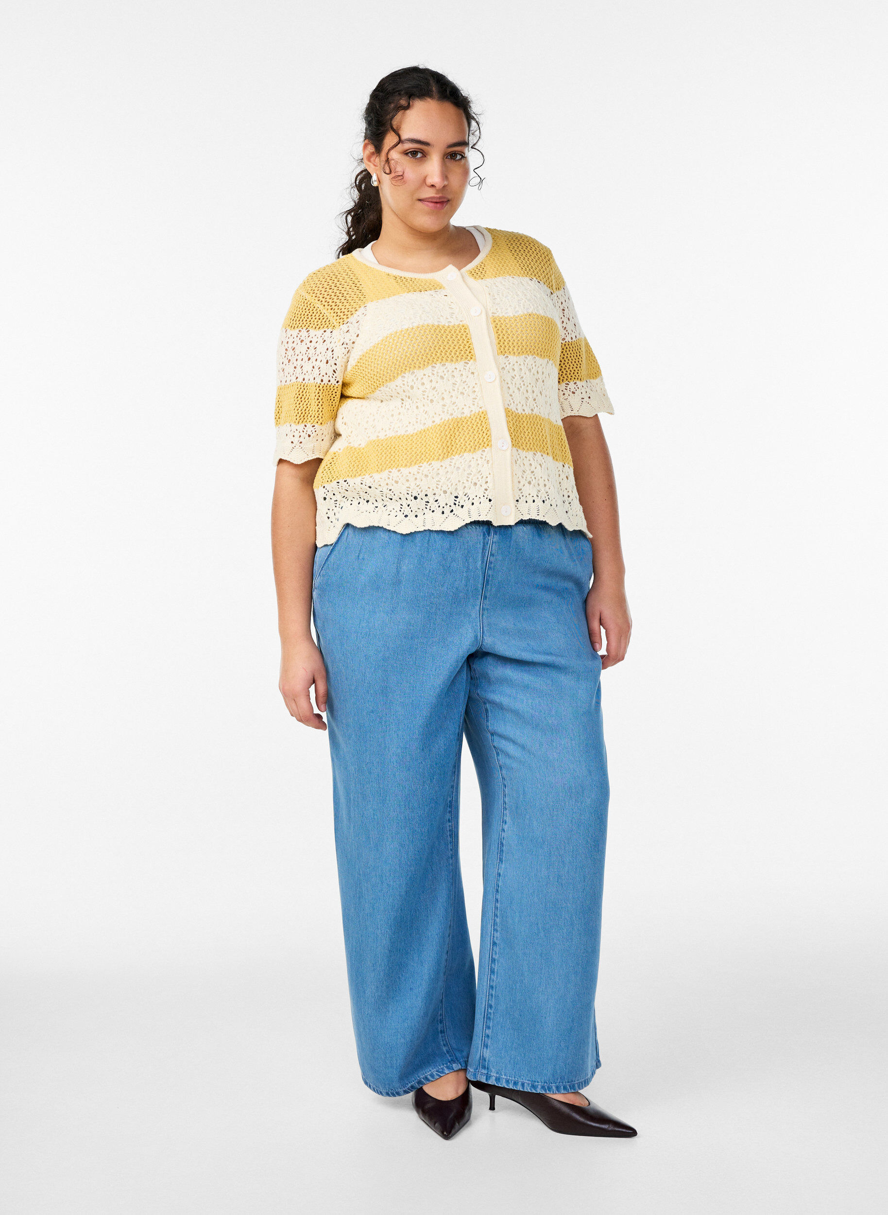 ZizziGebreid Vest met ajourborduurwerk en strepen, Geel, Model image number 1