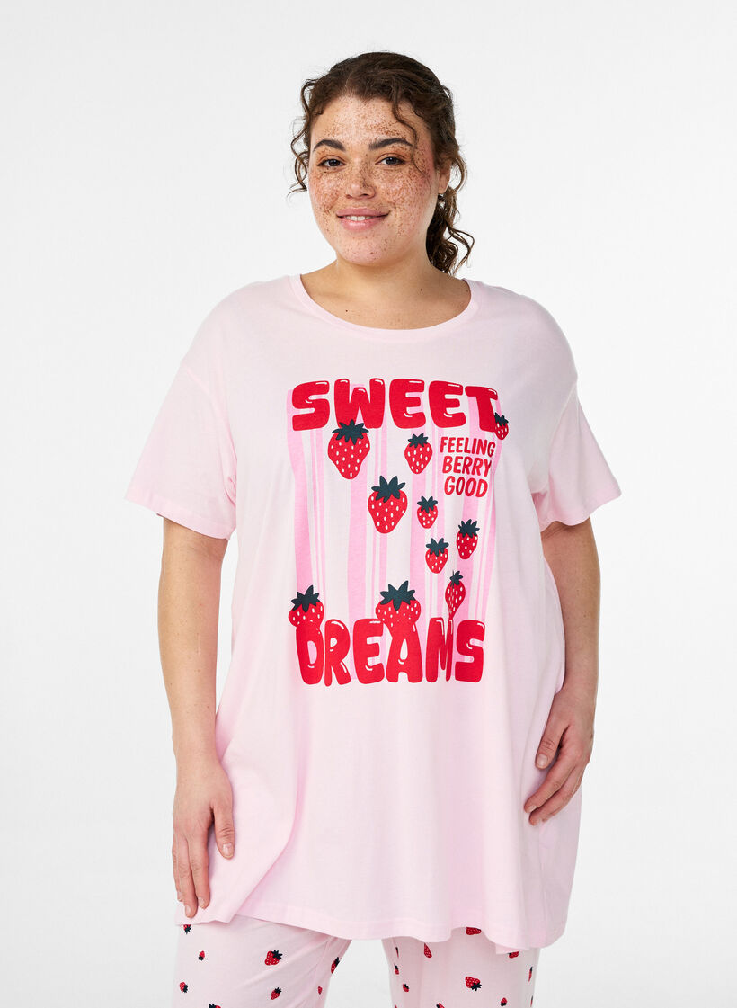 Lang nachthemd-T-shirt in biologisch katoen met print, Rood, Model image number 0