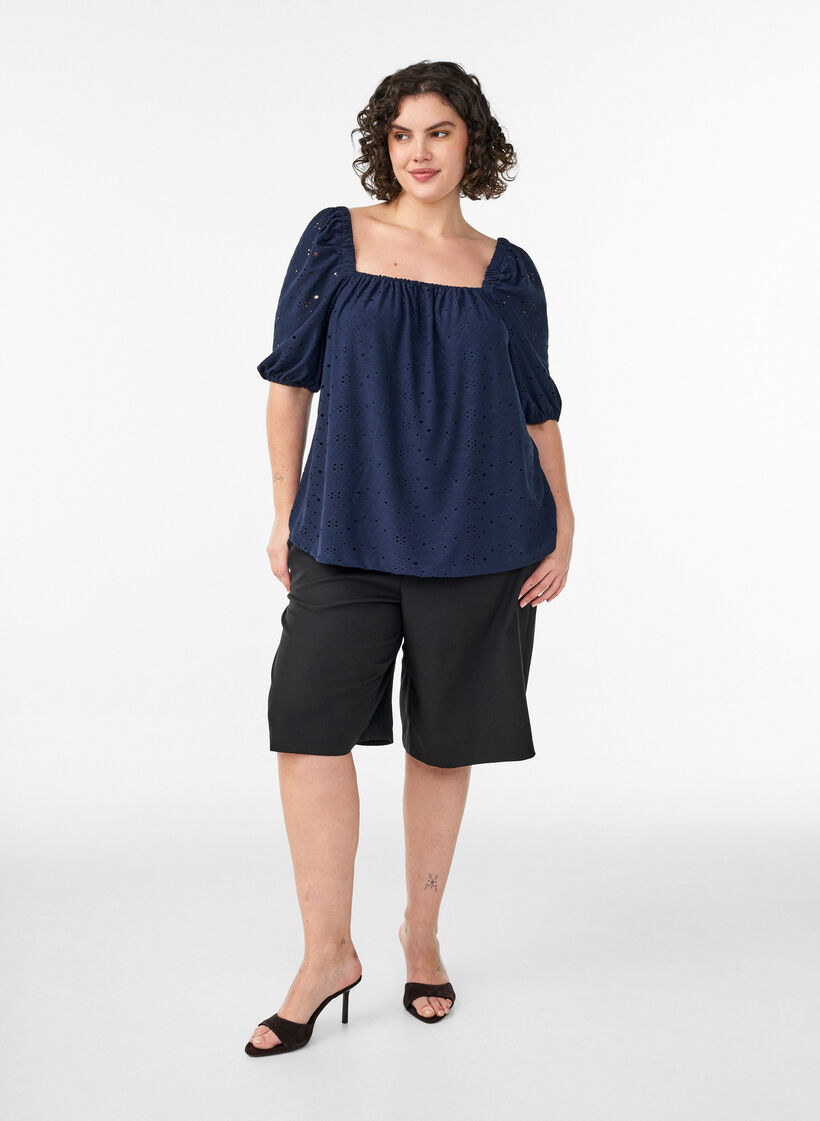 Blouse met korte pofmouwen en een opengewerkt patroon, Blauw, Model image number 1