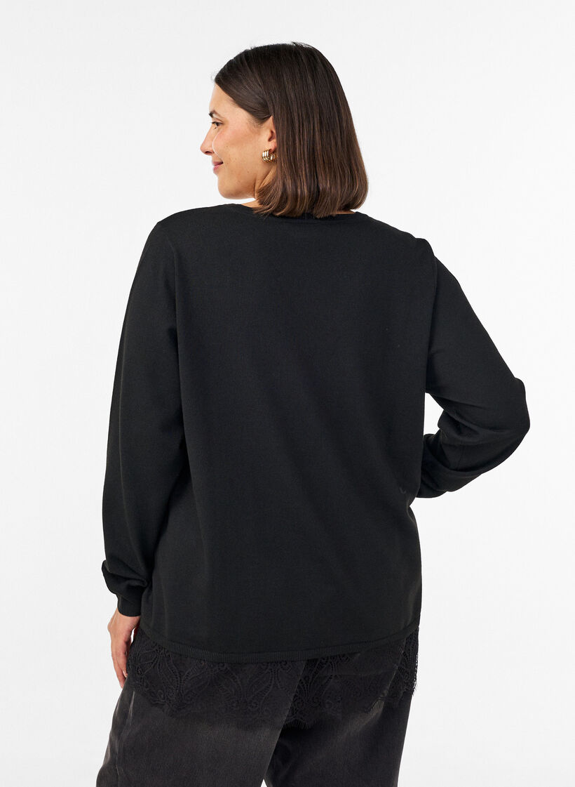 Gebreide blouse met V-hals en kanten rand, Zwart, Model image number 2
