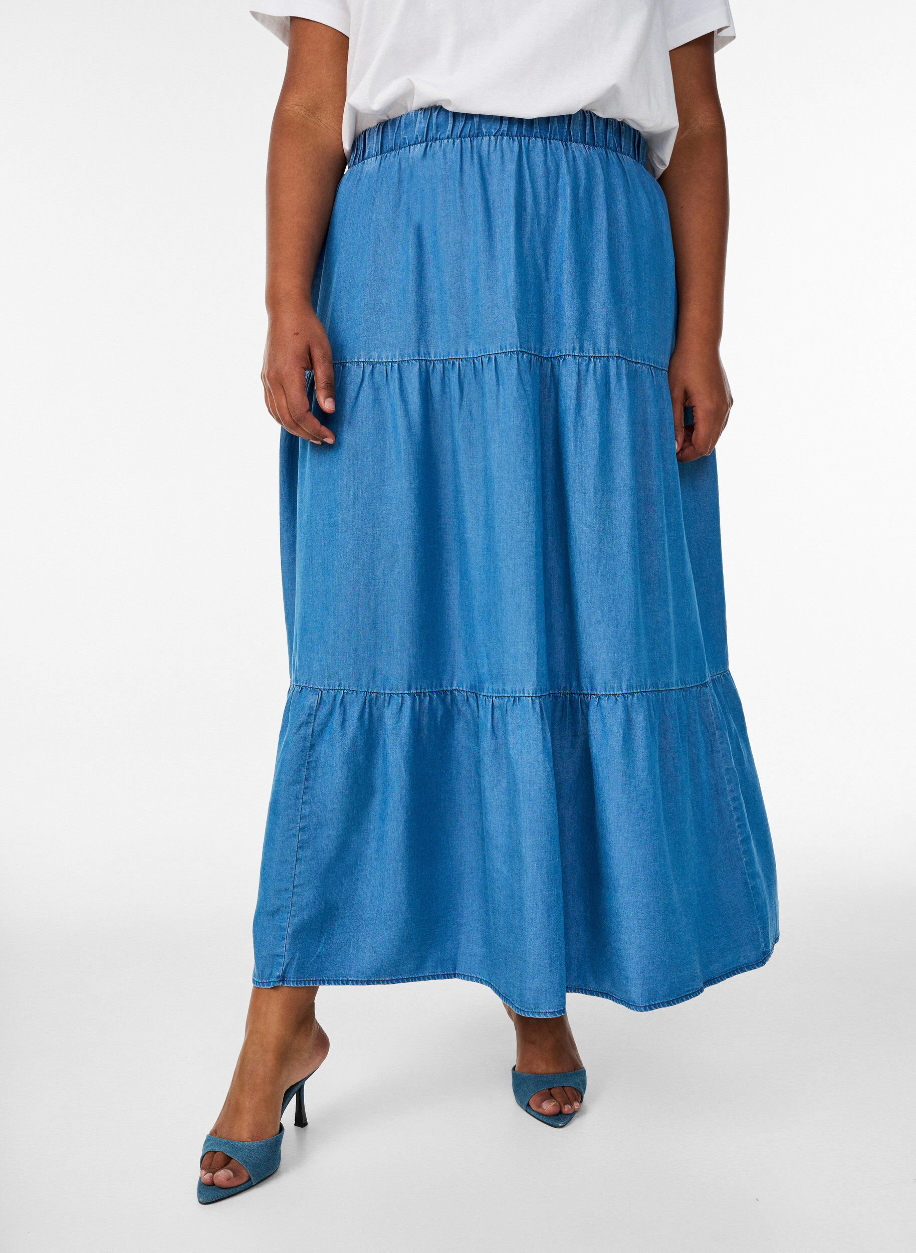 ZizziDenim maxi rok met ruches, Blauw, Model image number 2