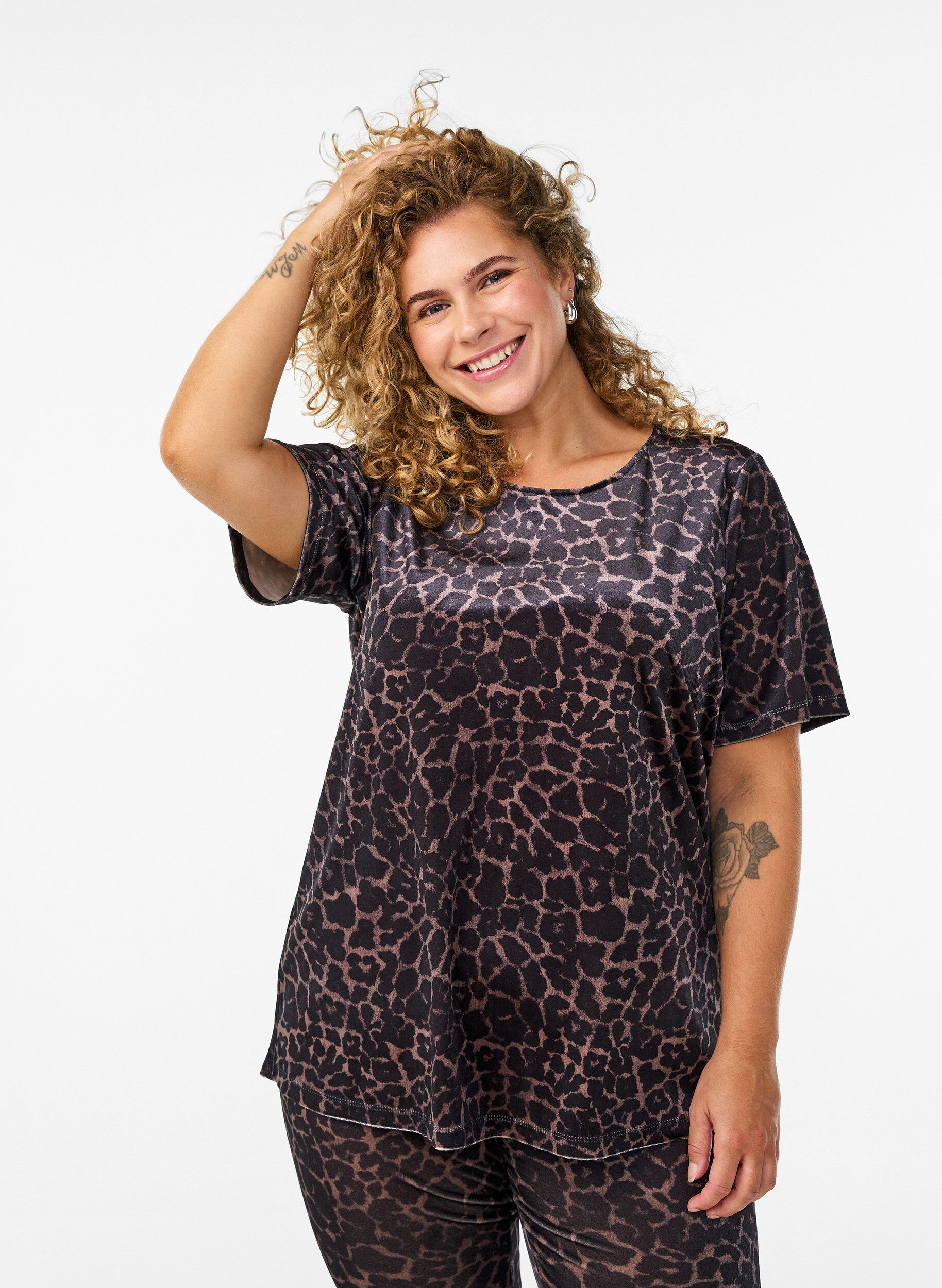 Velourt-shirt met korte mouwen, Bruin, Model