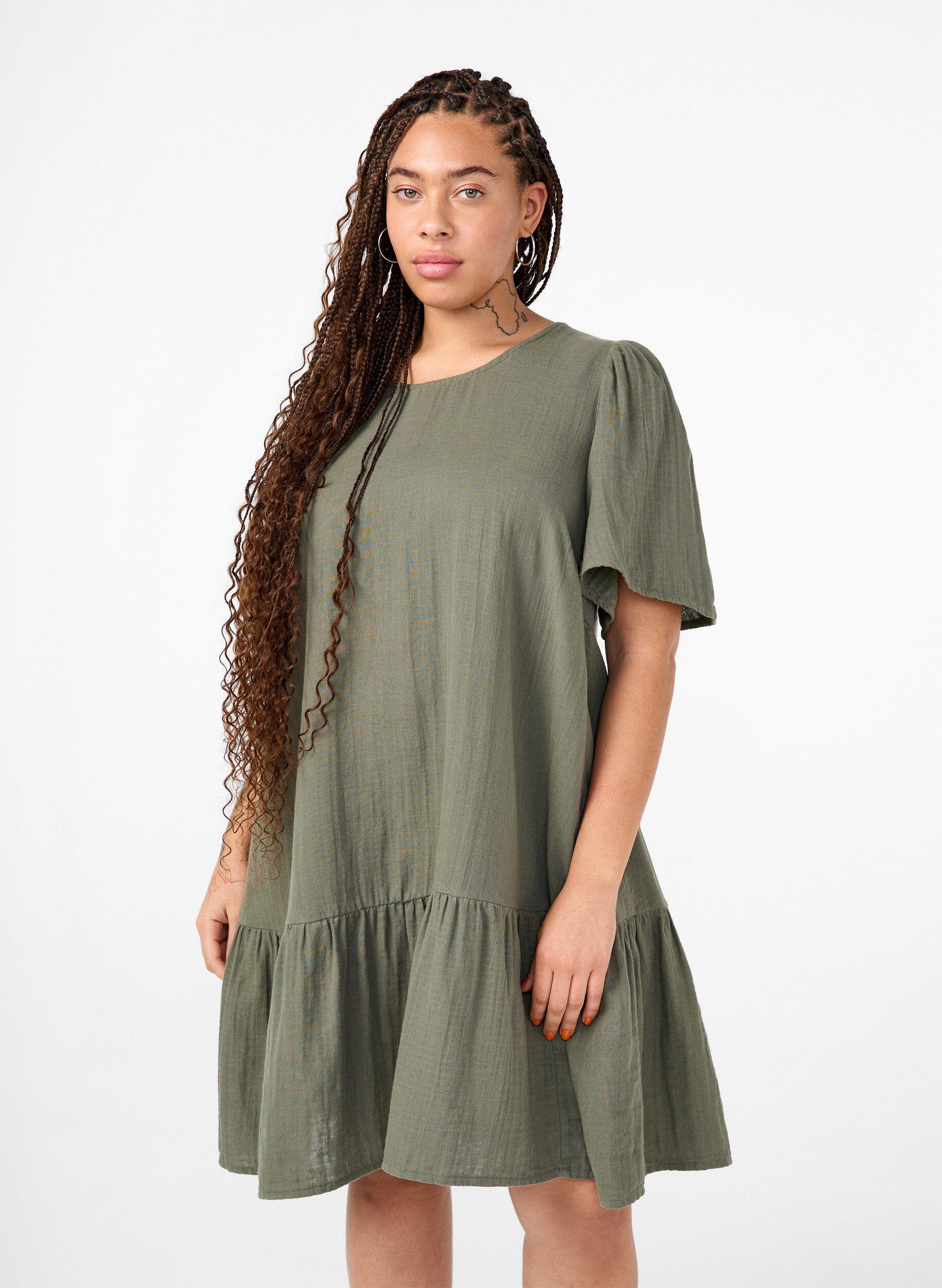 Katoenen jurk met korte mouwen en a-lijn snit, Groen, Model