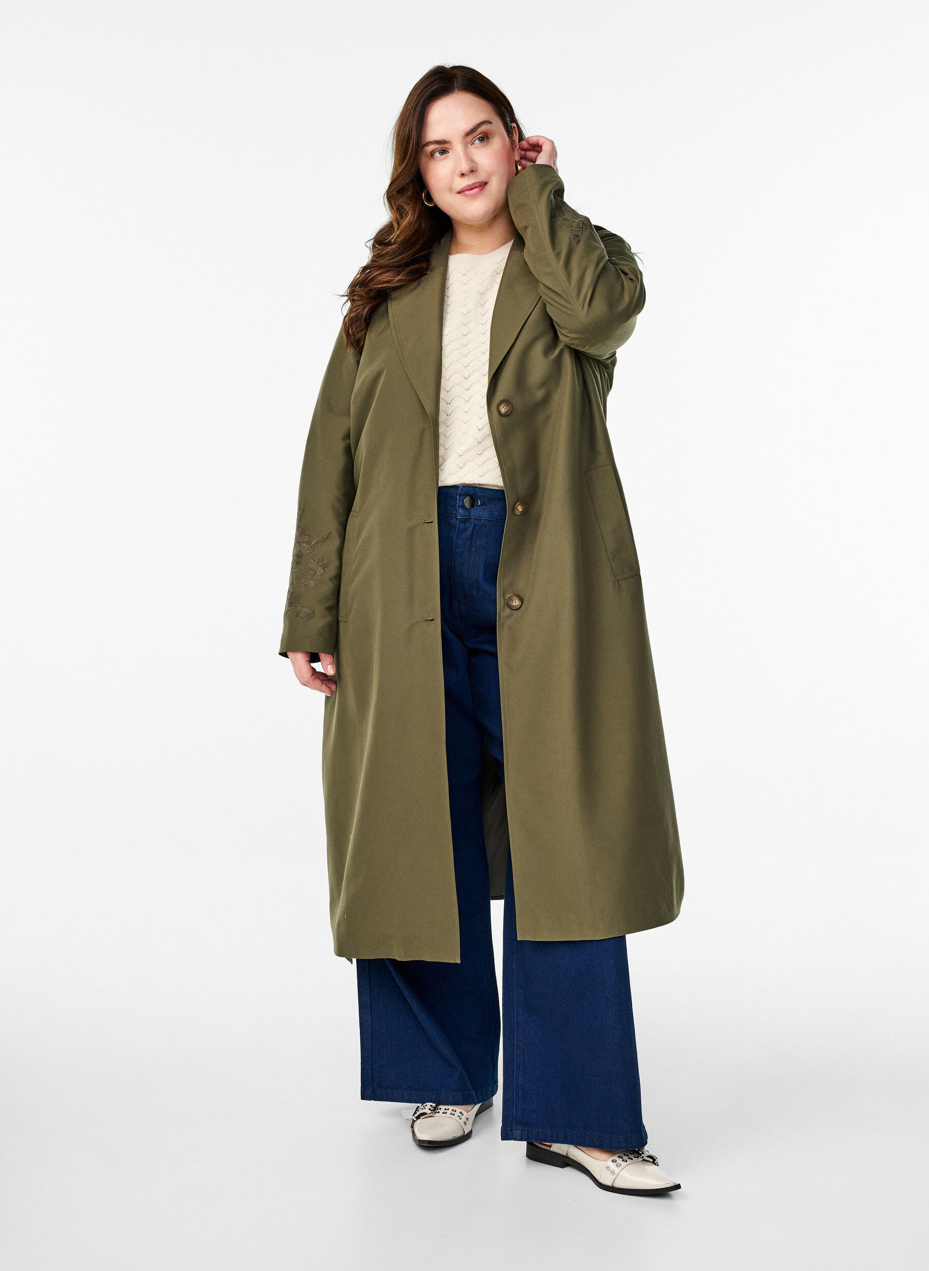 Lange trenchcoat met borduursels, Groen, Model
