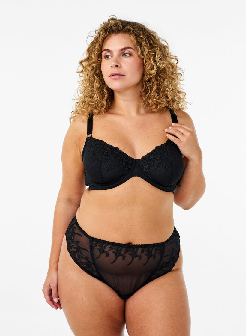 Mesh string met borduurdetails, Black, Model