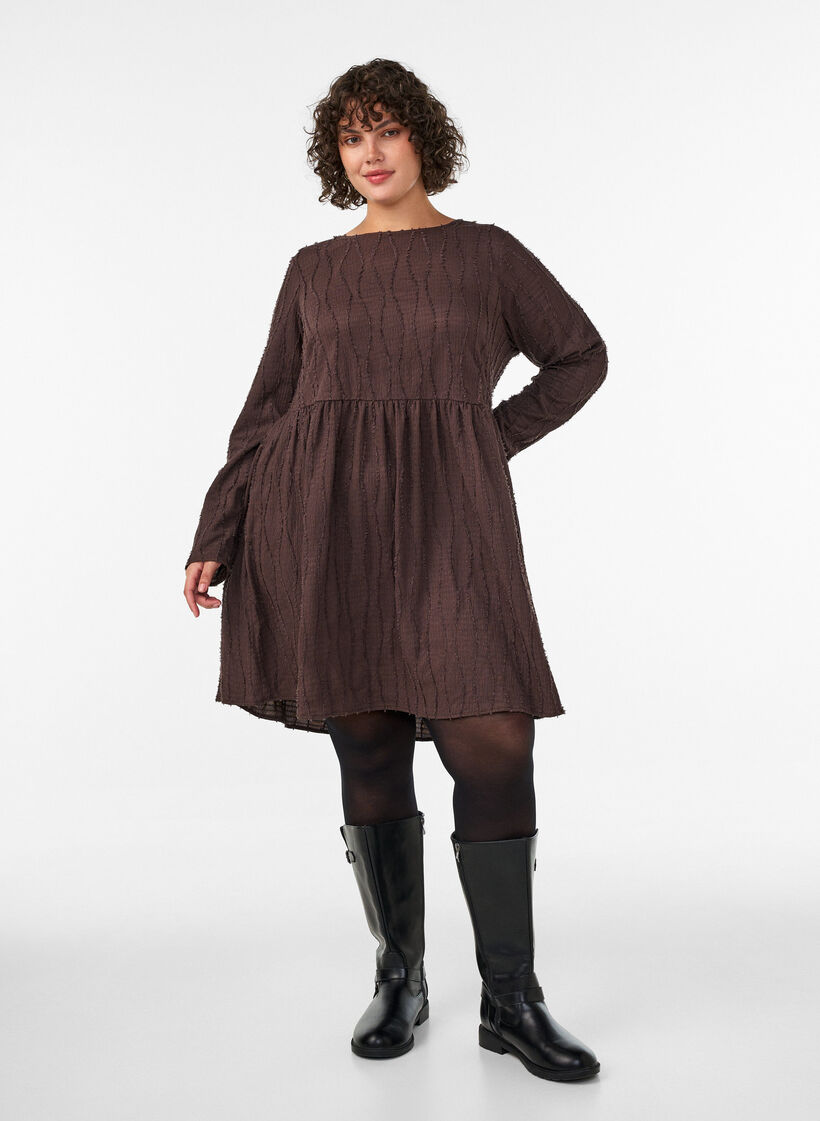 Korte jerseyjurk met een golvend textuurpatroon, Bruin, Model image number 1