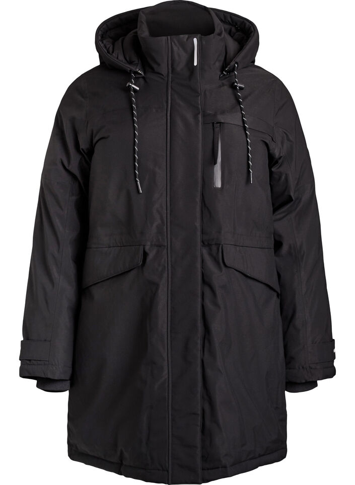Waterafstotende parka met capuchon en functionele details, Zwart, Packshot image number 0