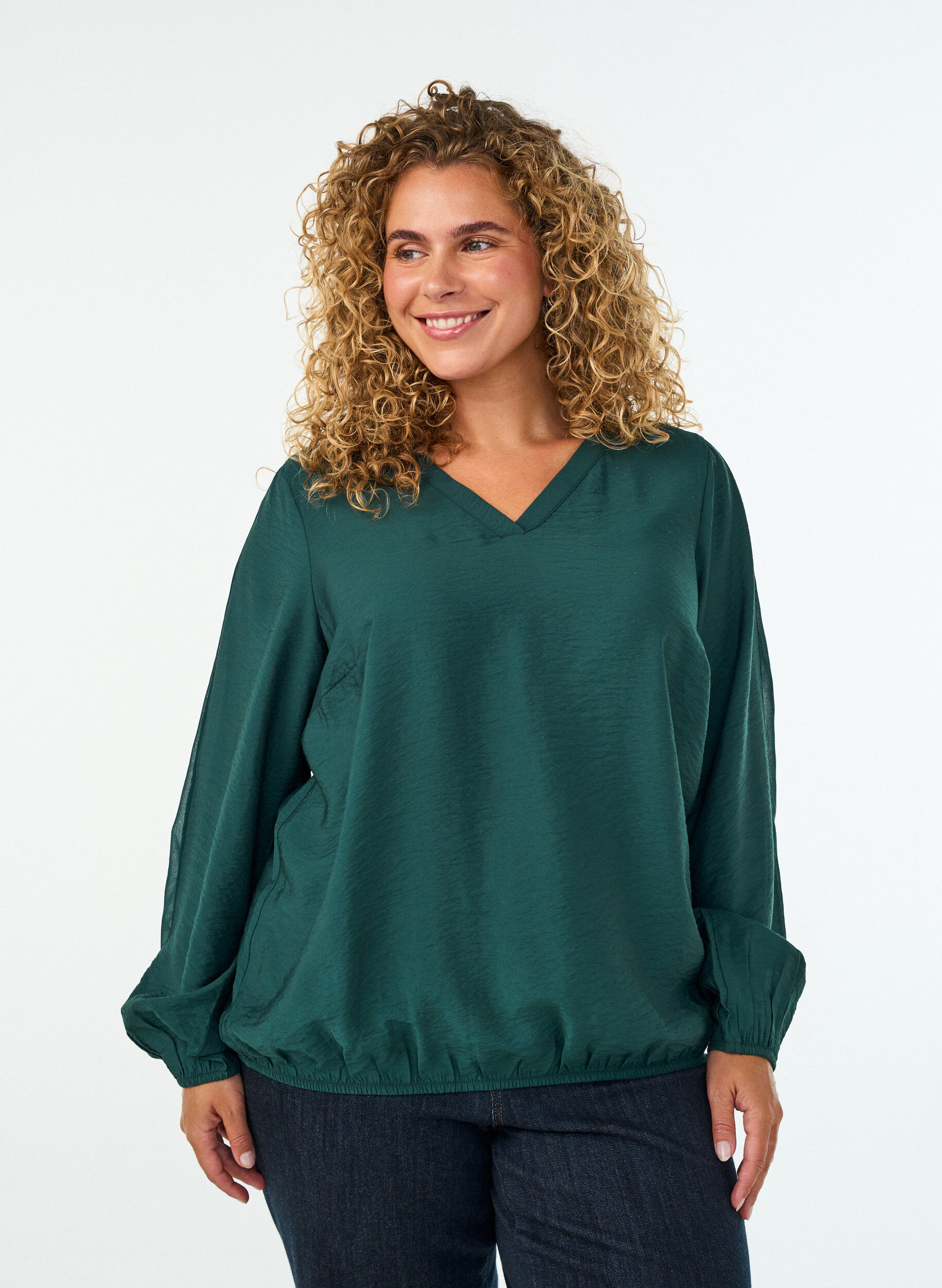 Blouse met balloneffect en chiffondetails, Groen, Model