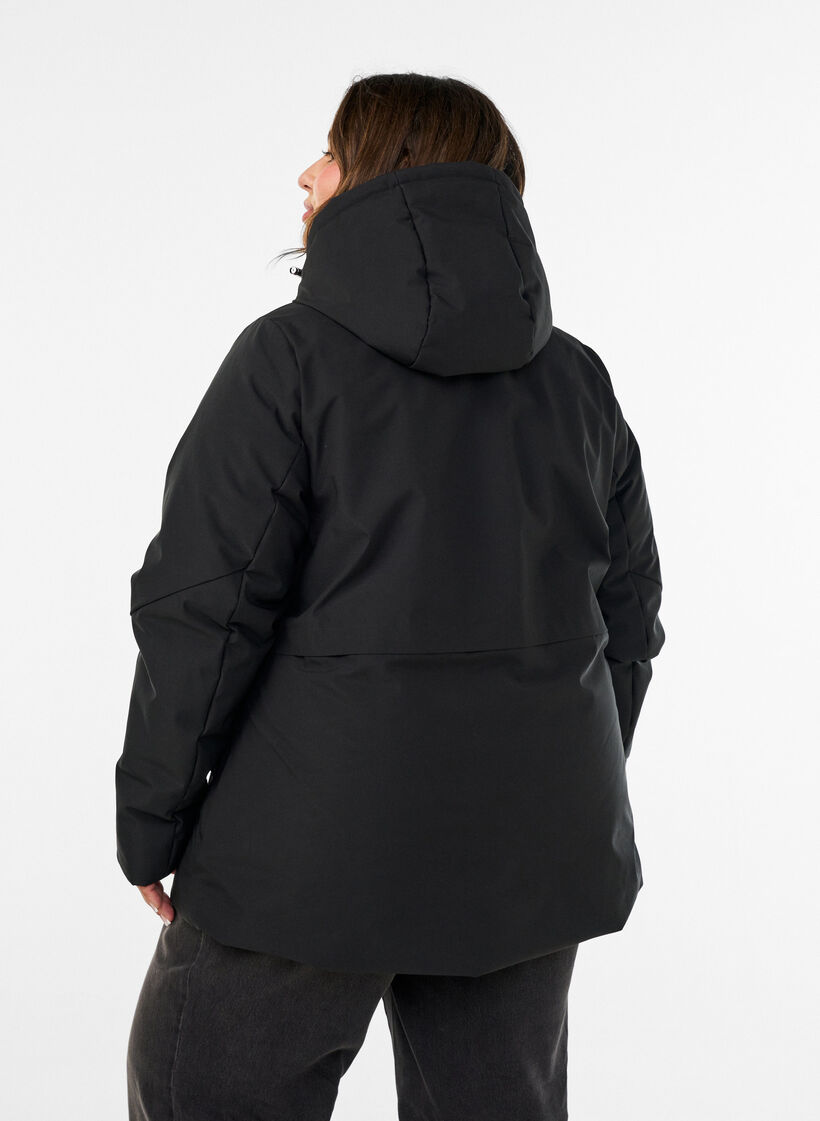 Winterjas met capuchon en verstelbare taille, Zwart, Model image number 2