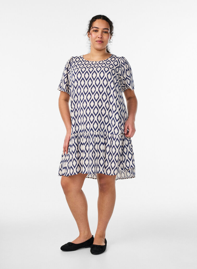 Viscose jurk met snijlijn, Blauw, Model image number 1