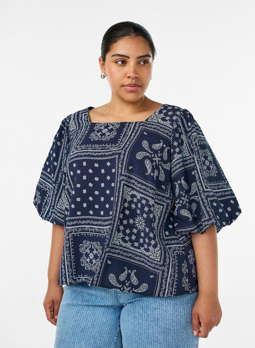Viscose blouse met paisleymotief en ballonnenmouwen, Blauw, Model image number 0