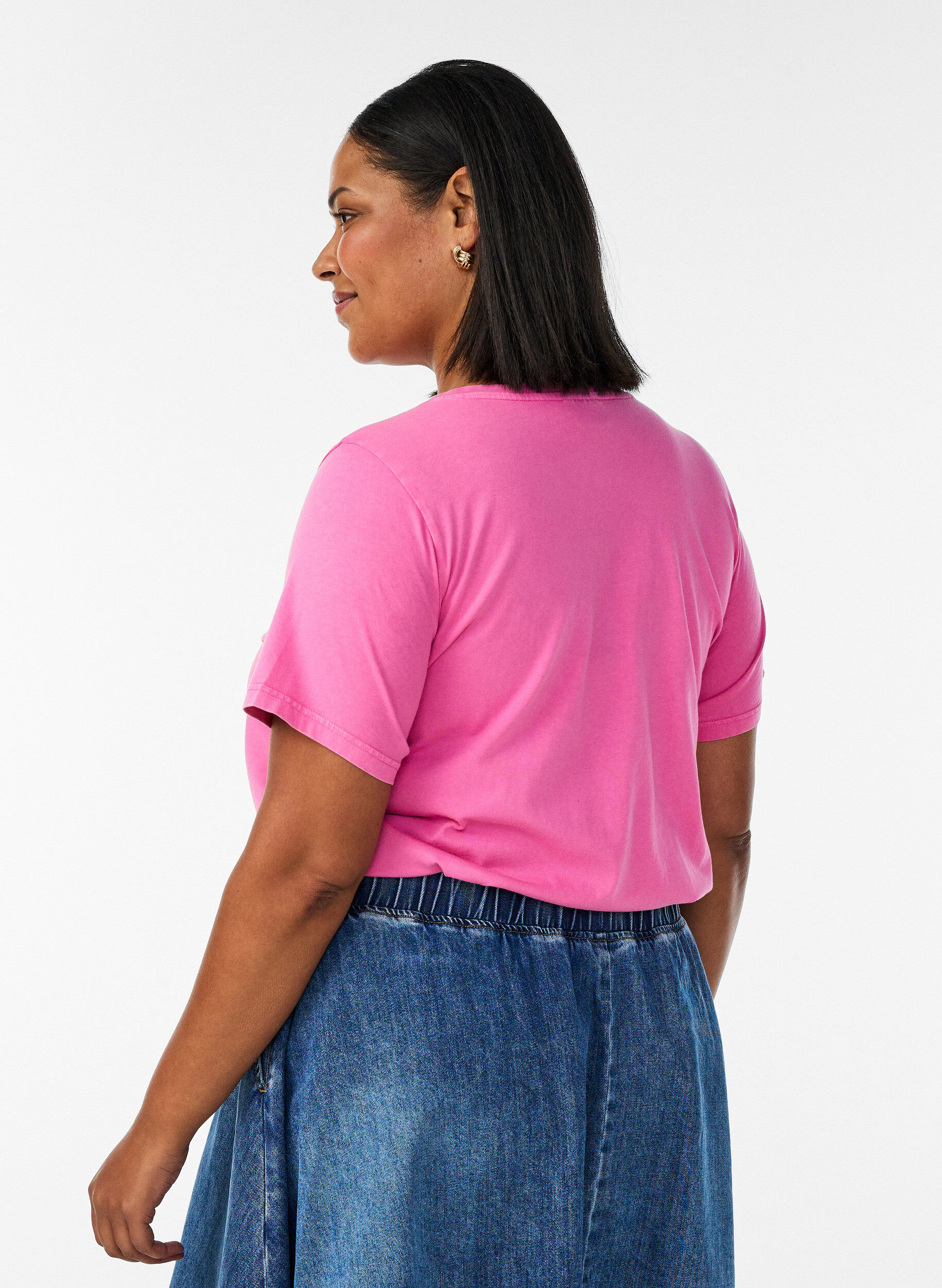 ZizziBiologisch katoenen T-shirt met varsity print en V-hals, Roze, Model image number 2