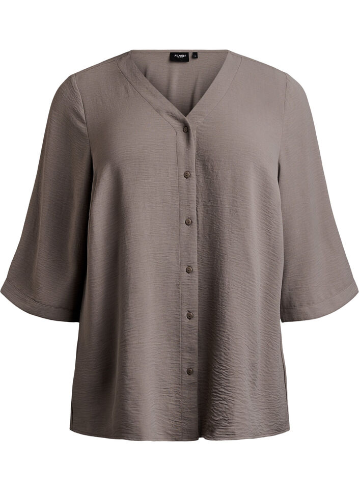 Shirtblouse met V-hals en 3/4 mouwen, Beige, Packshot image number 0