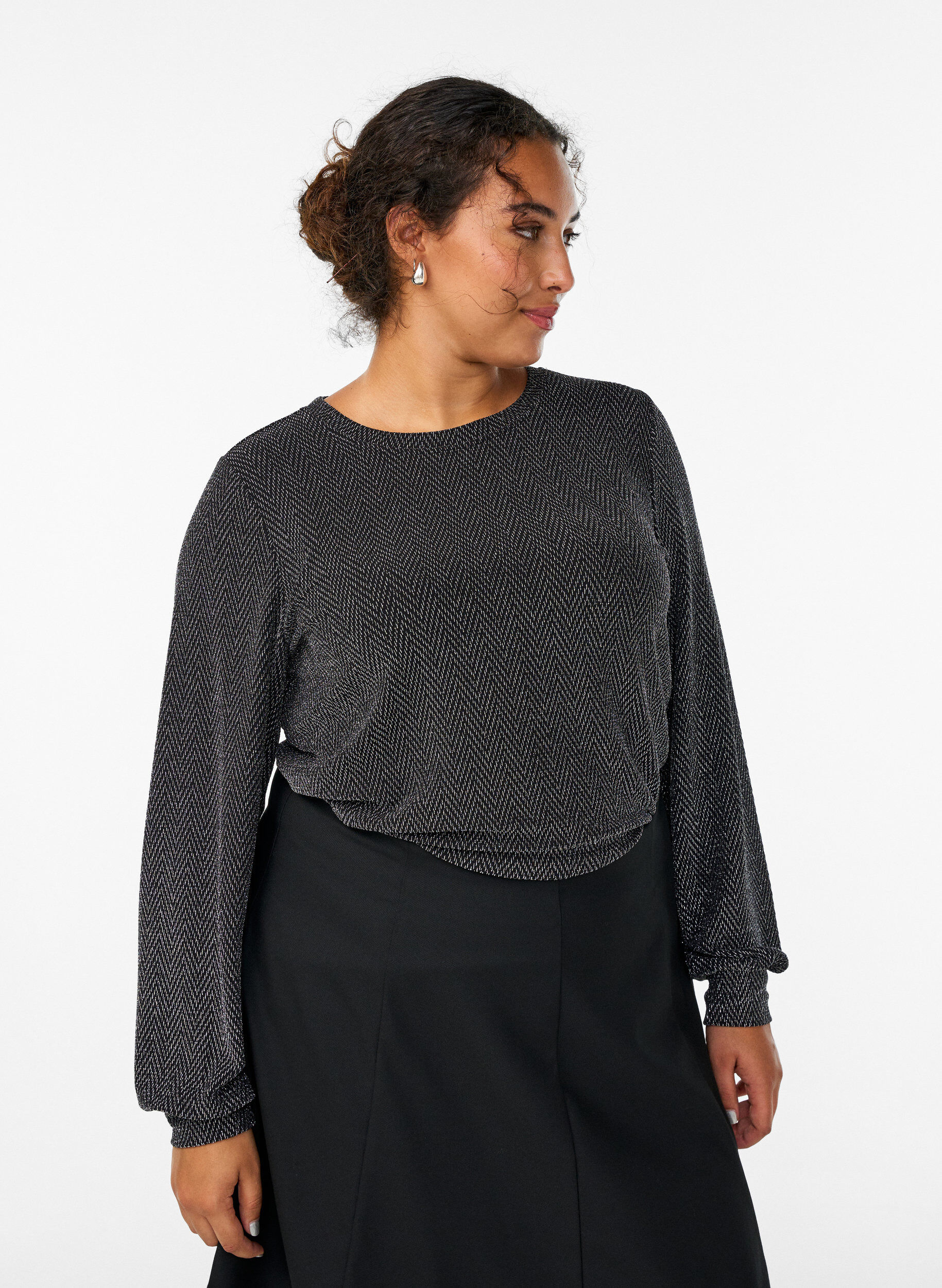 Blouse met visgraatpatroon en glinsterend garen, Zwart, Model
