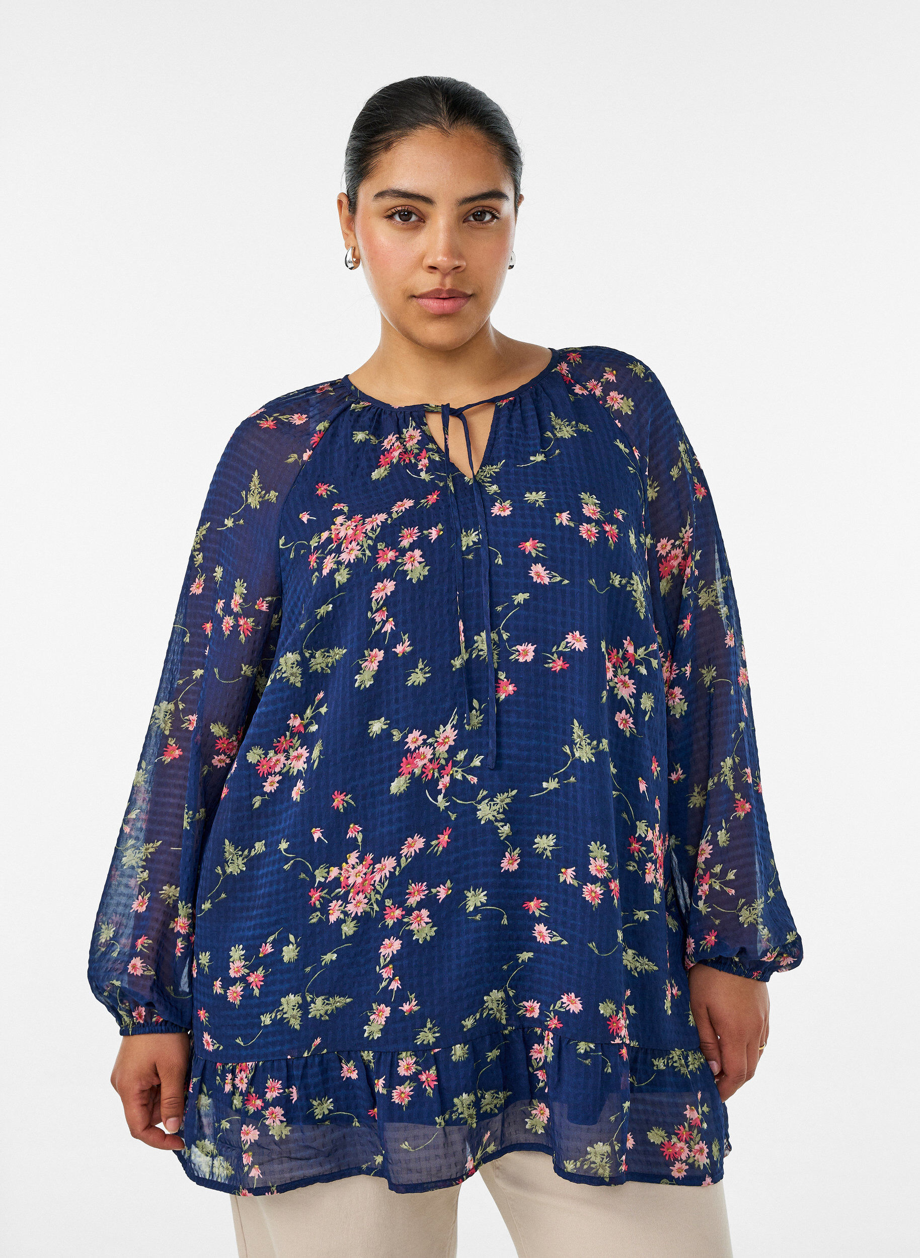 A-lijn tuniek met bloemenprint, Blauw, Model