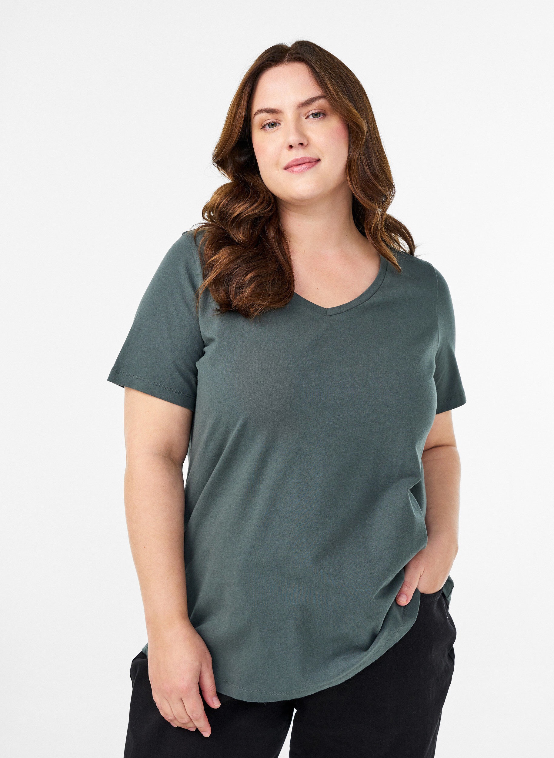 Effen basic katoenen T-shirt, Groen, Model