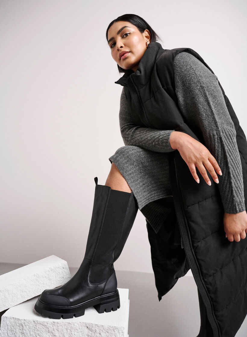 Leren lange laarzen met brede schacht en elastiek, Black, Image image number 0