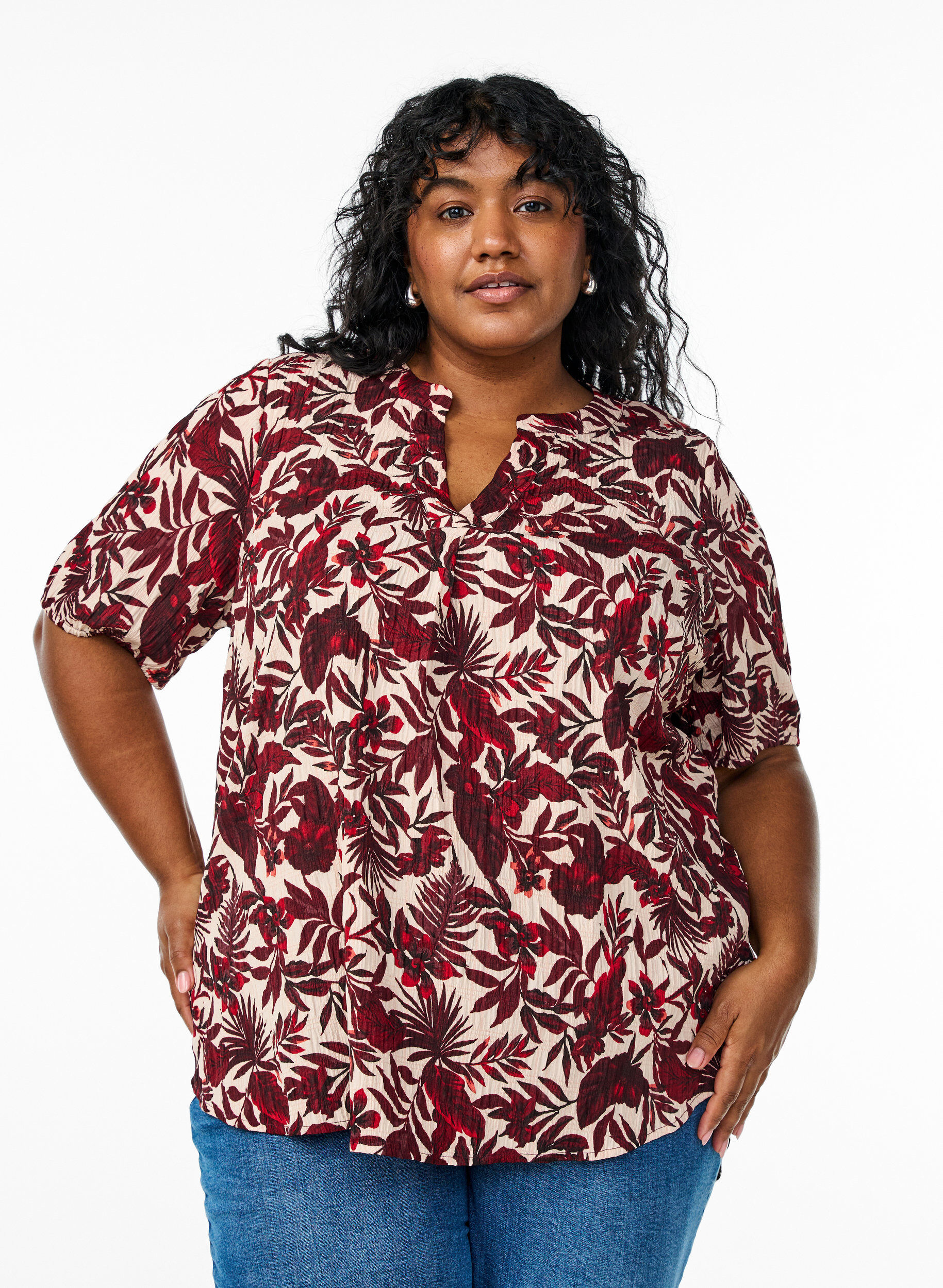 Bloemenblouse met korte mouwen, Rood, Model
