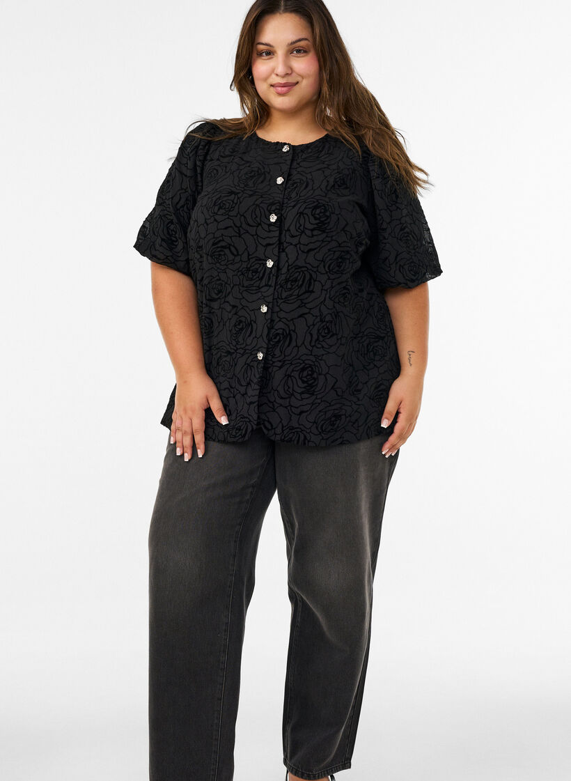 Blouse met bloemenpatroon en ballonmouwen, Zwart, Model image number 1