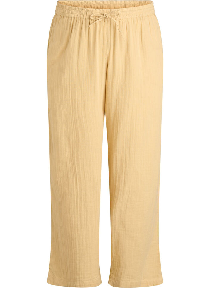 High-waist katoenen mousseline broek met losse pijpen, Geel, Packshot image number 0