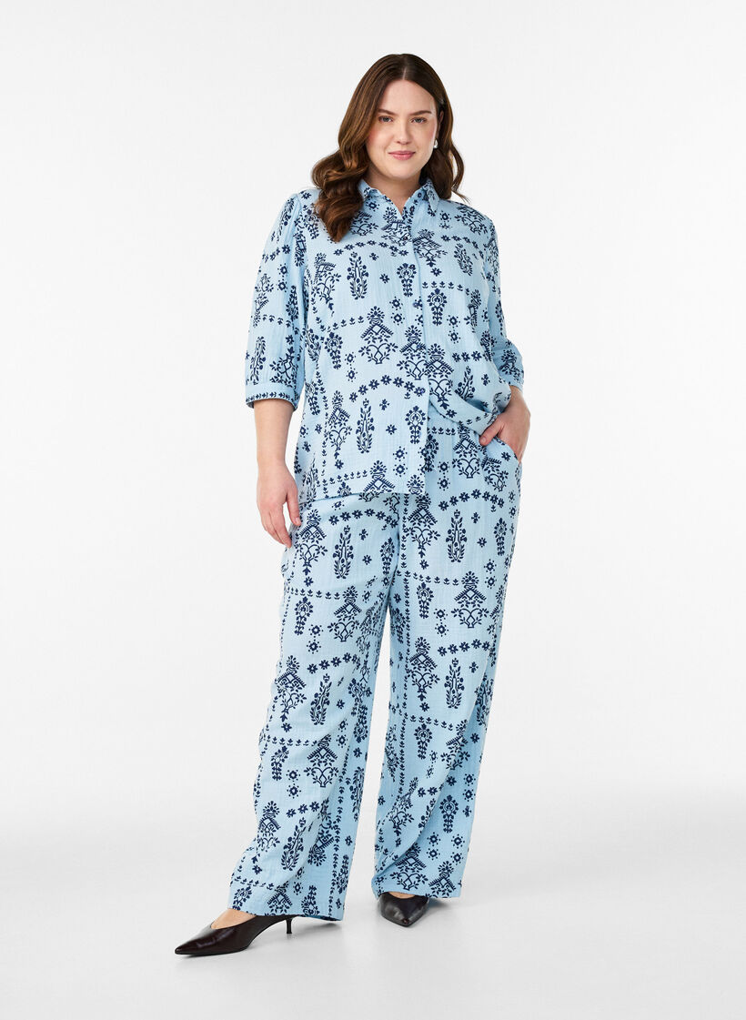 Losse broek in katoenen mousseline met stippen, Blauw, Model image number 0