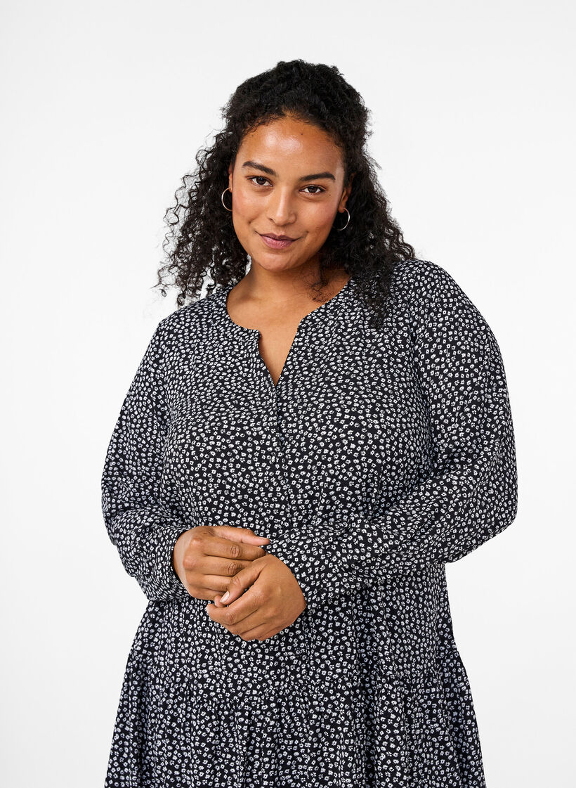 Midi jurk met lange mouwen, Black Small Flower, Model image number 2