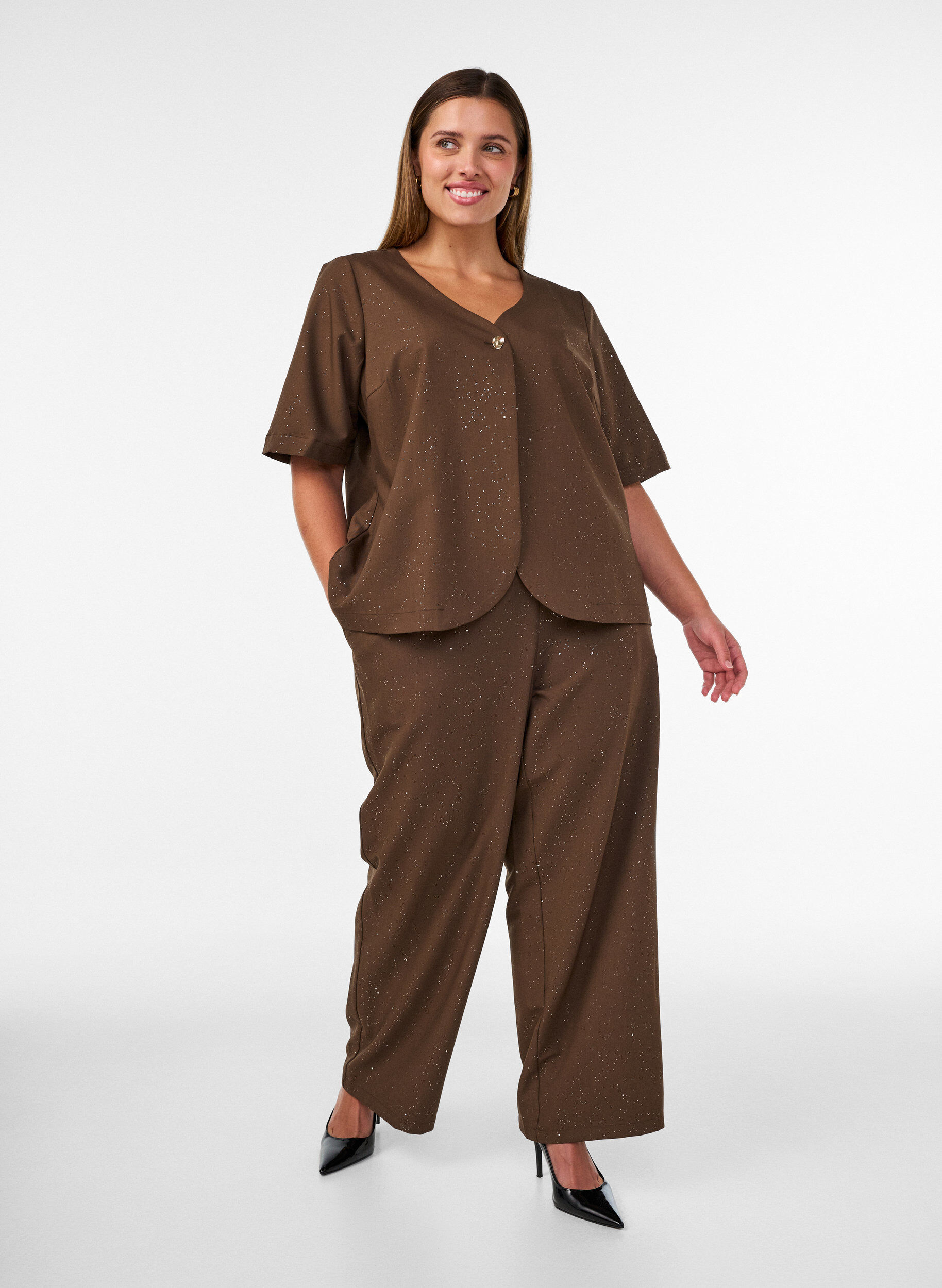 ZizziBlouse met glitter en V-hals, Bruin, Model image number 1