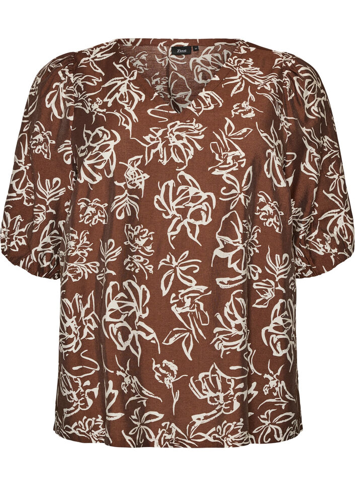 Viscose blouse met V-hals, Bruin, Packshot image number 0