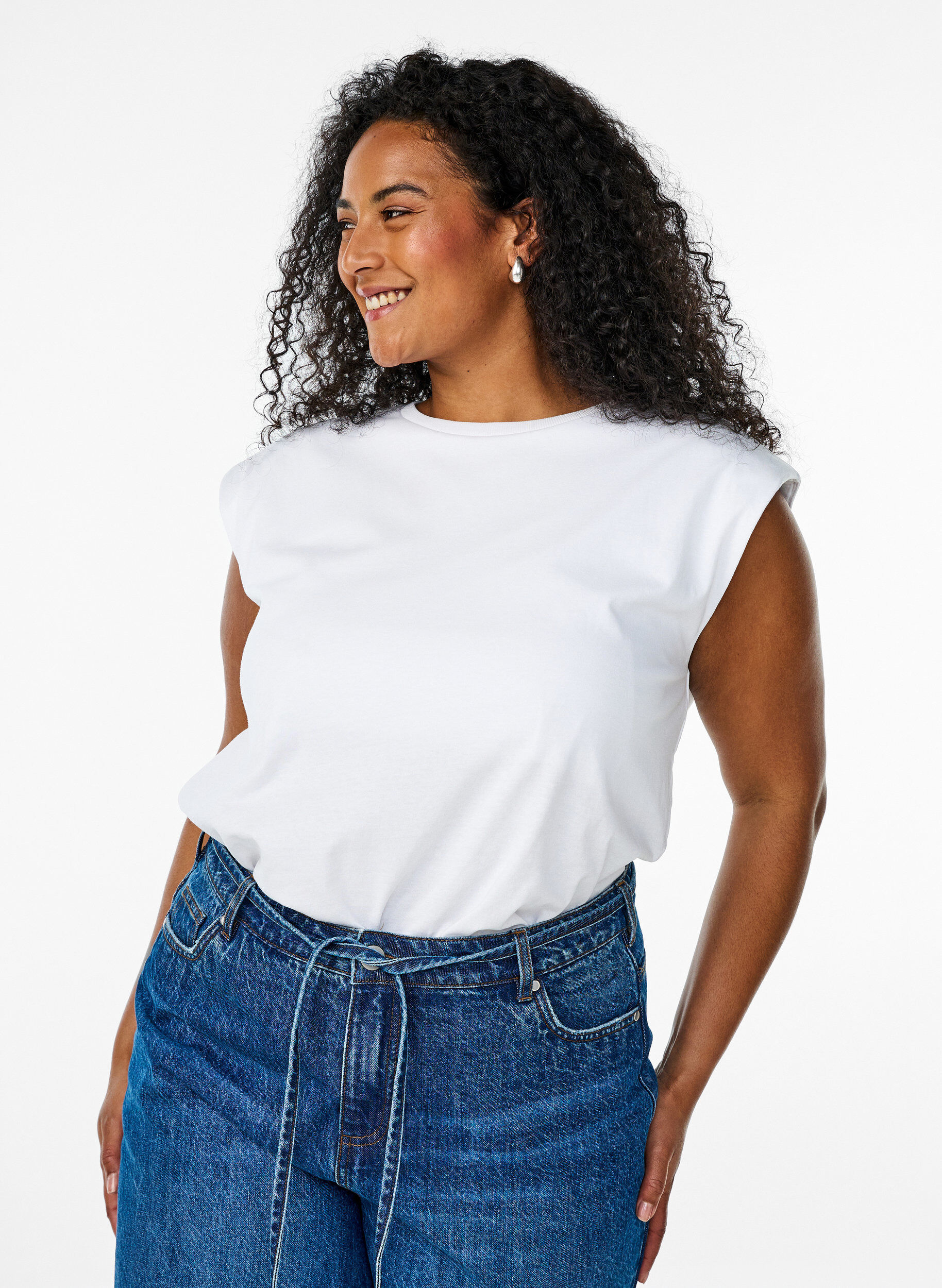 Mouwloze blouse van jersey met schoudervulling, Wit, Model