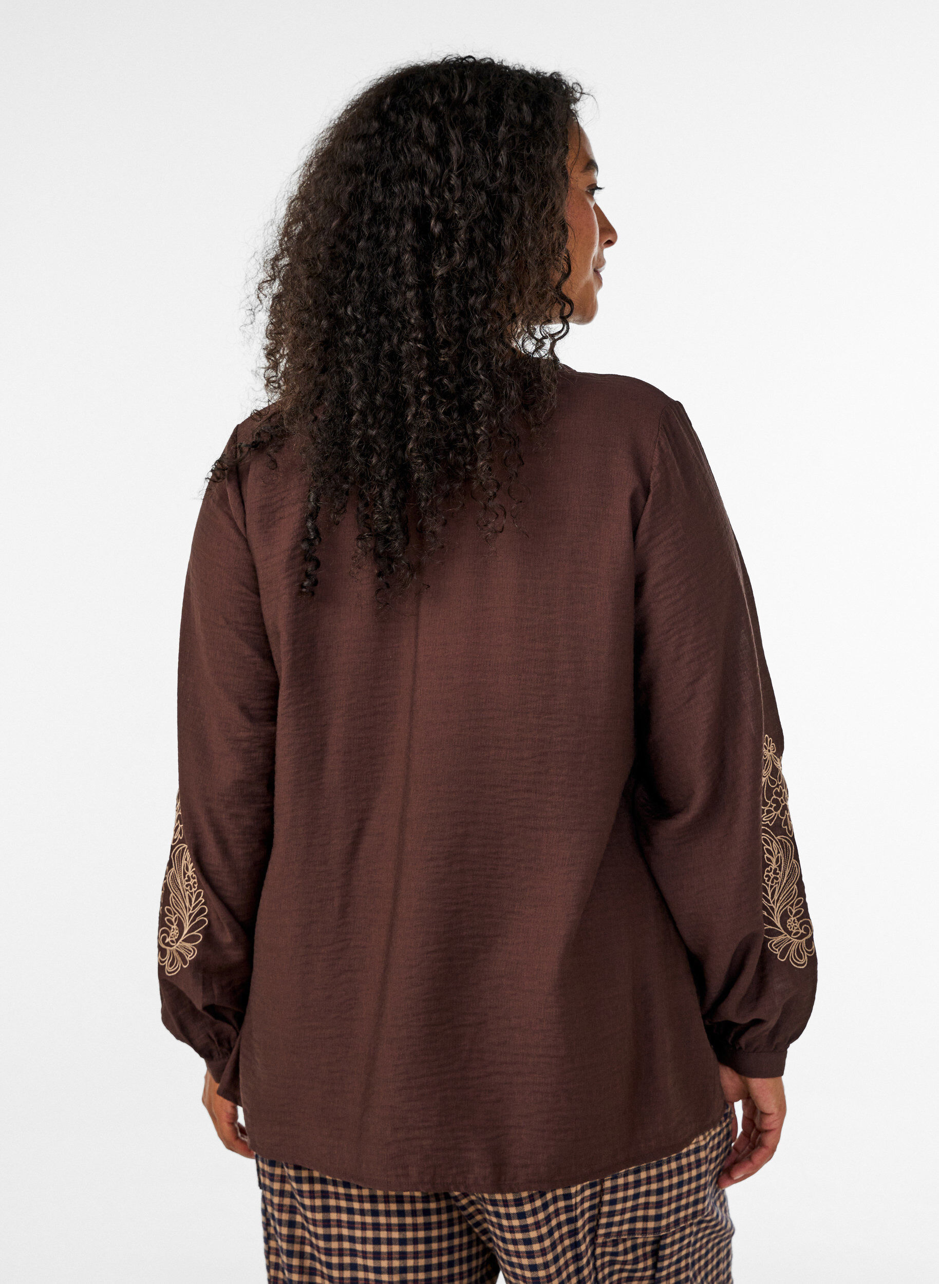 ZizziViscose shirt met geborduurde mouwen, Bruin, Model image number 2