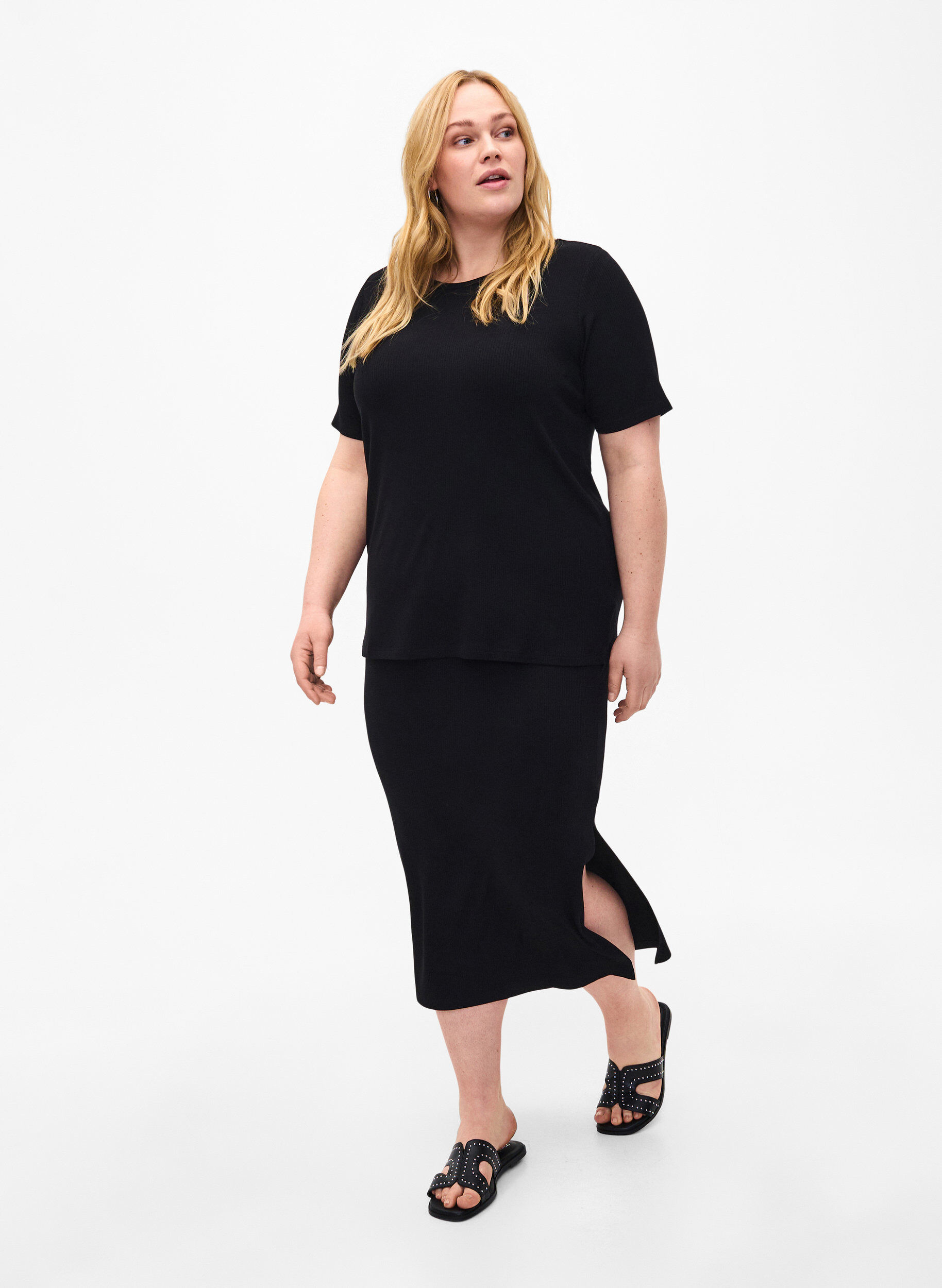 ZizziViscose midirok met slanke pasvorm, Zwart, Model image number 1