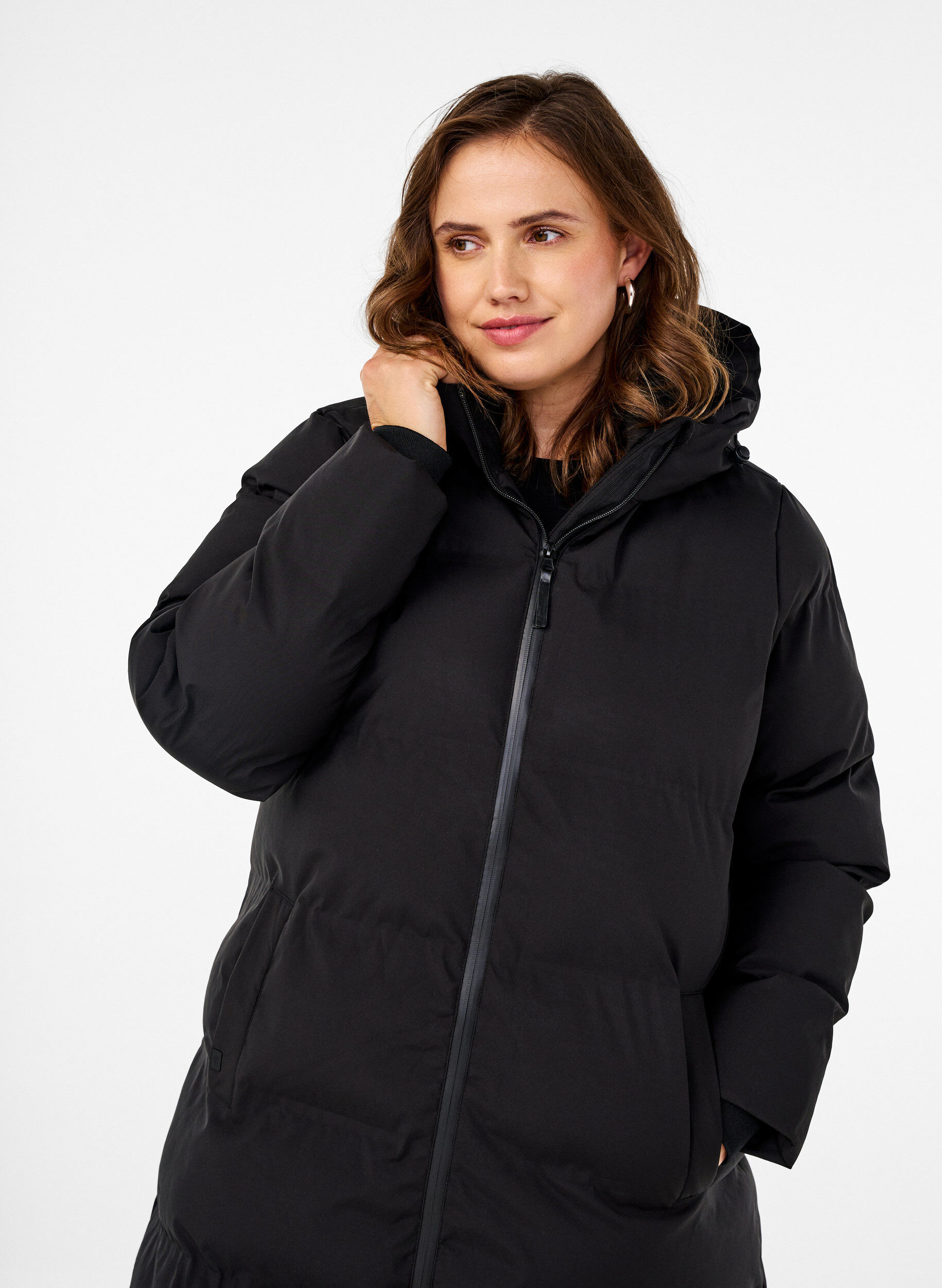 ZizziLange puffer winterjas met capuchon, Zwart, Model image number 2
