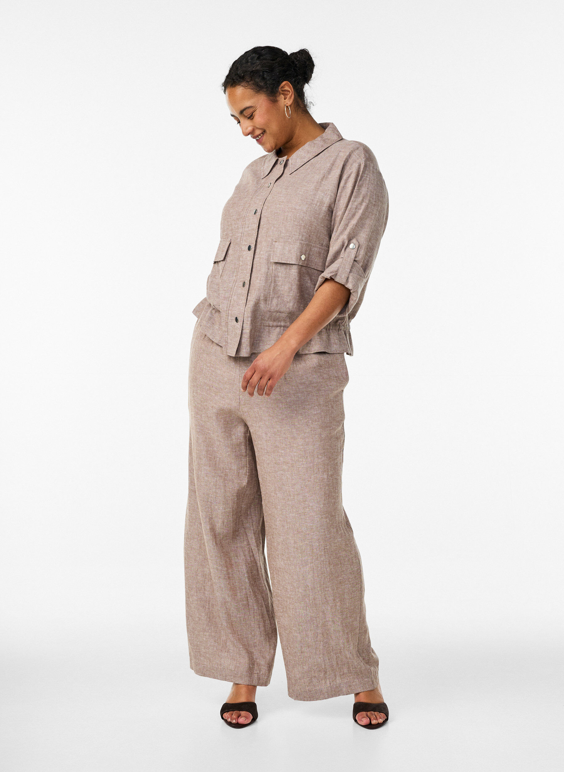 ZizziLinnen en viscose blouse met een verstelbare taille, Bruin, Model image number 1