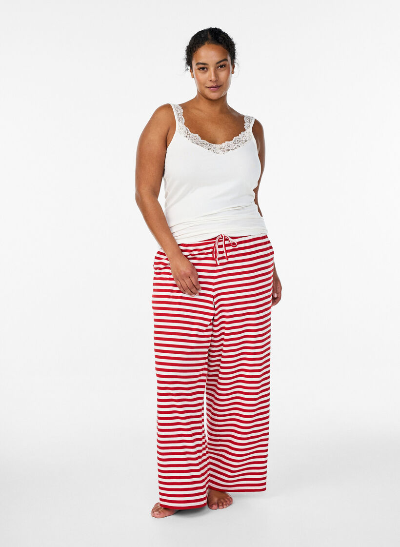 Gestreepte pyjamabroek met een high waist en wijde pijpen, Rood, Model image number 0