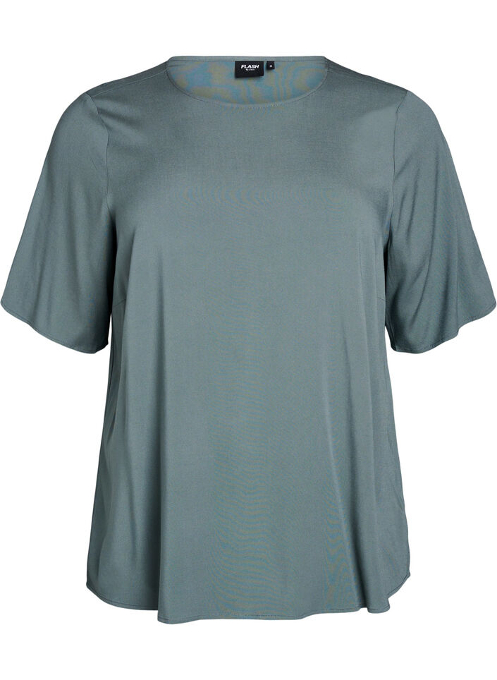 Geweven blouse met korte mouwen en ronde hals, Groen, Packshot image number 0