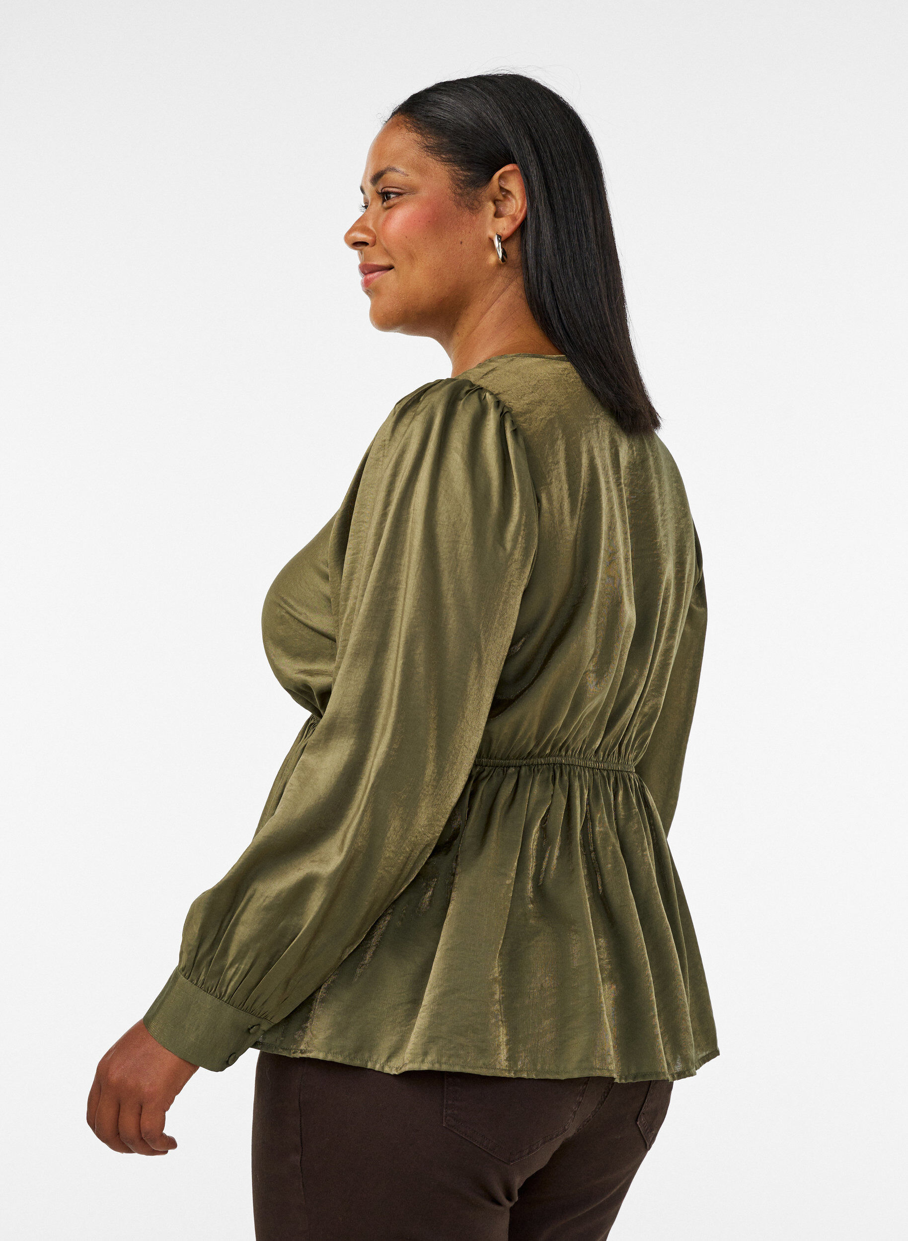 ZizziGlanzende viscose blouse met peplumeffect, Groen, Model image number 2
