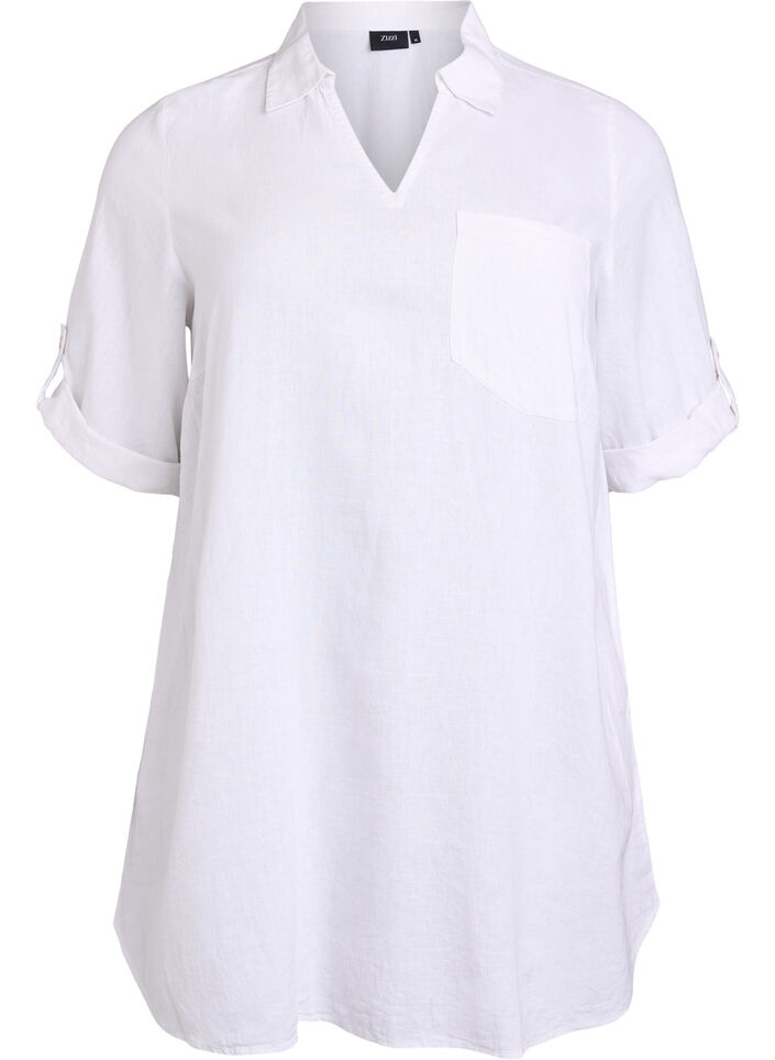 Tuniek van linnen en viscose met A-vorm, Bright White, Packshot