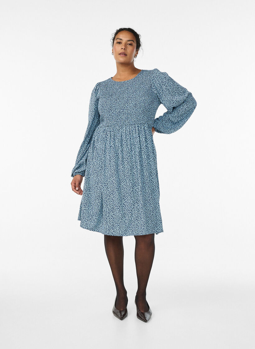 Jurk met een gesmokte top en fijn bloemetjespatroon, Blauw, Model image number 1