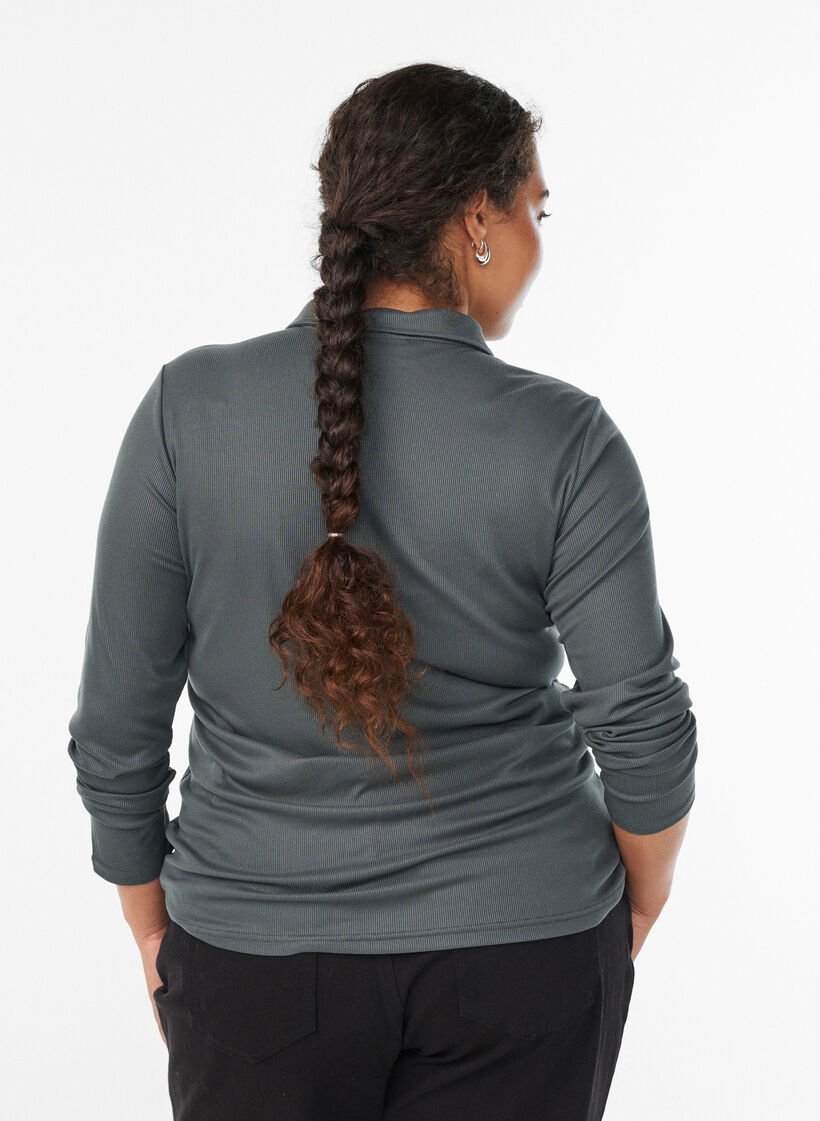 Polo in zachte rib met lange mouwen, Groen, Model image number 2